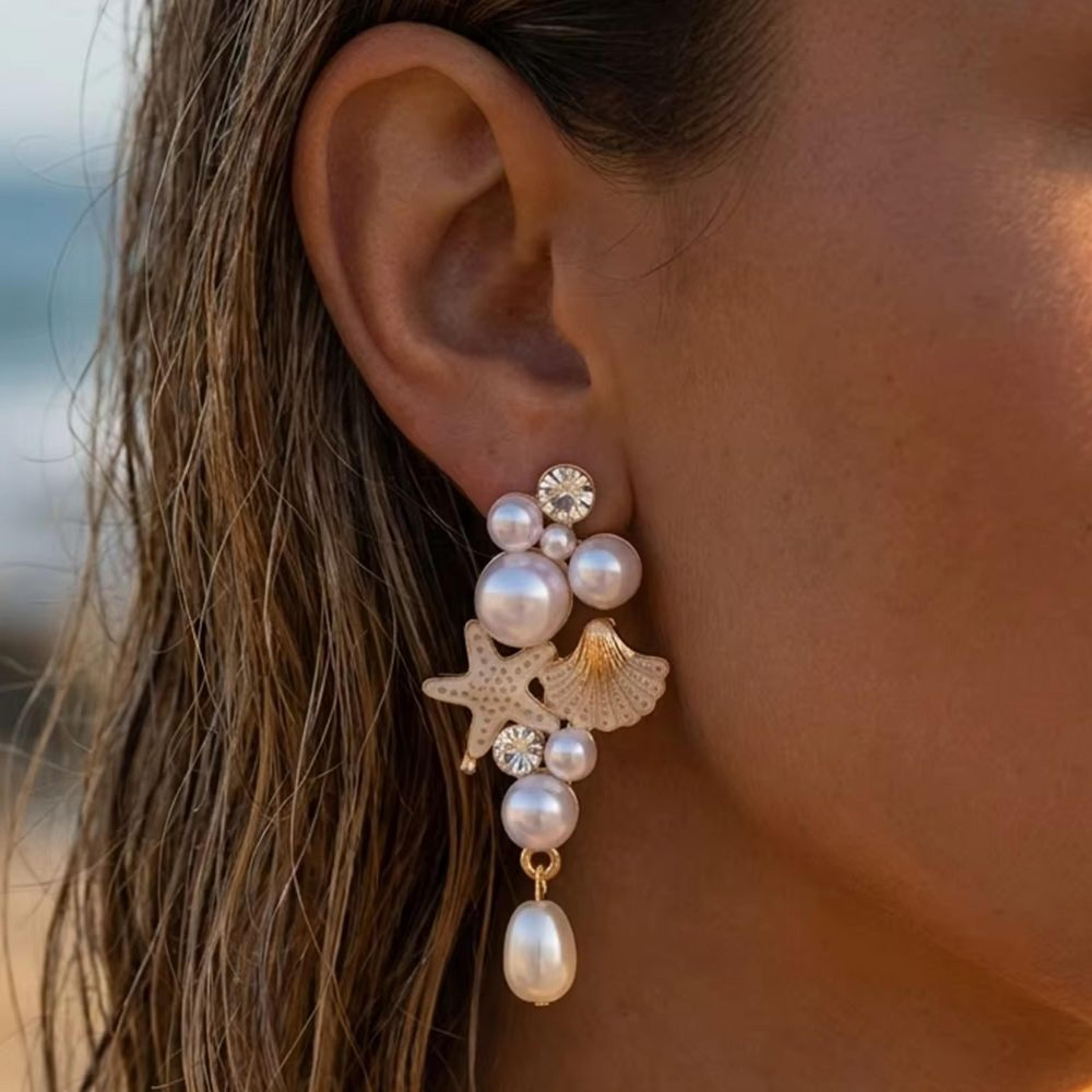 bohemian starfish seashell dangle earrings with pearl rhinestone beach jewelry for women