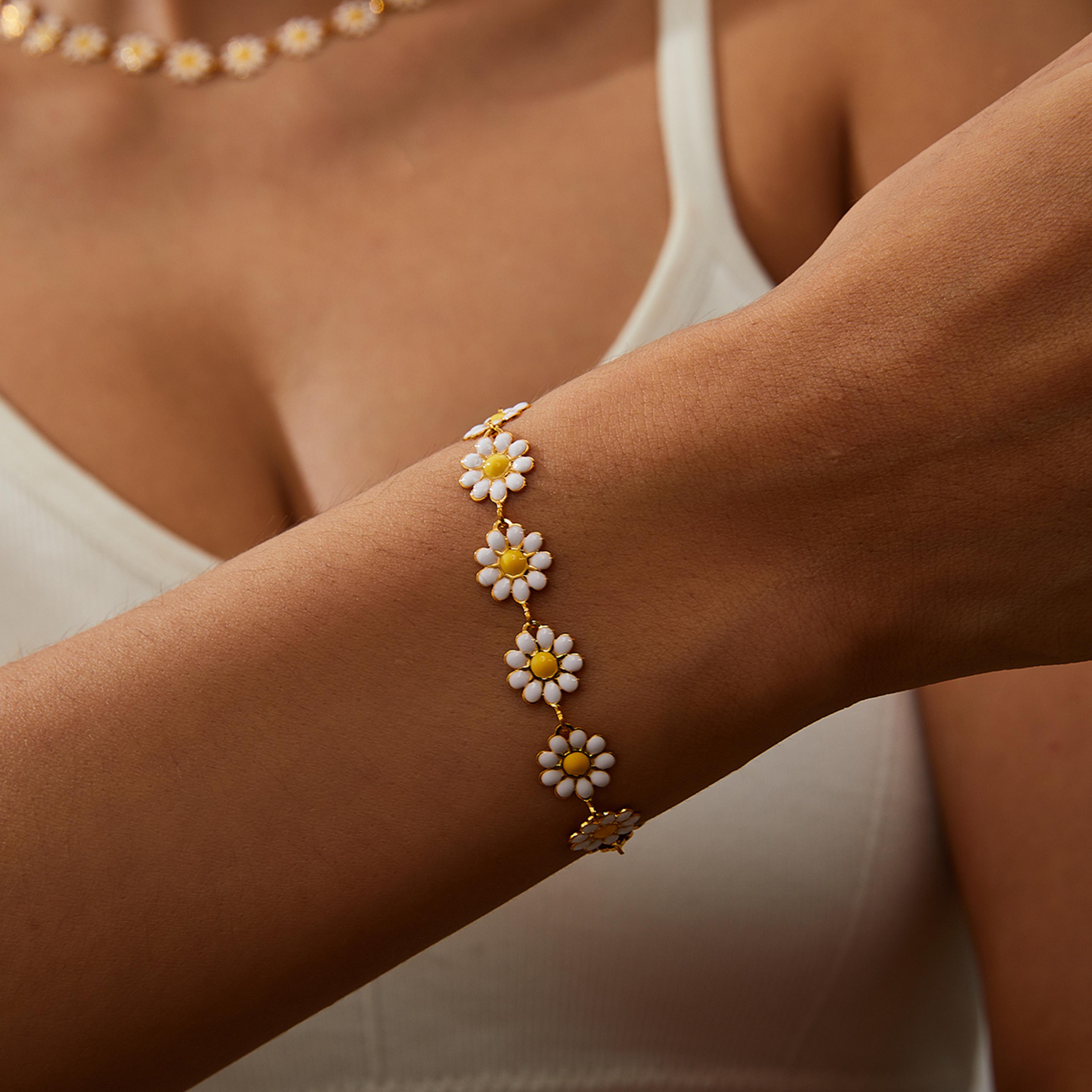 daisy flower enamel bracelet for women bohemian floral jewelry stackable charm gift