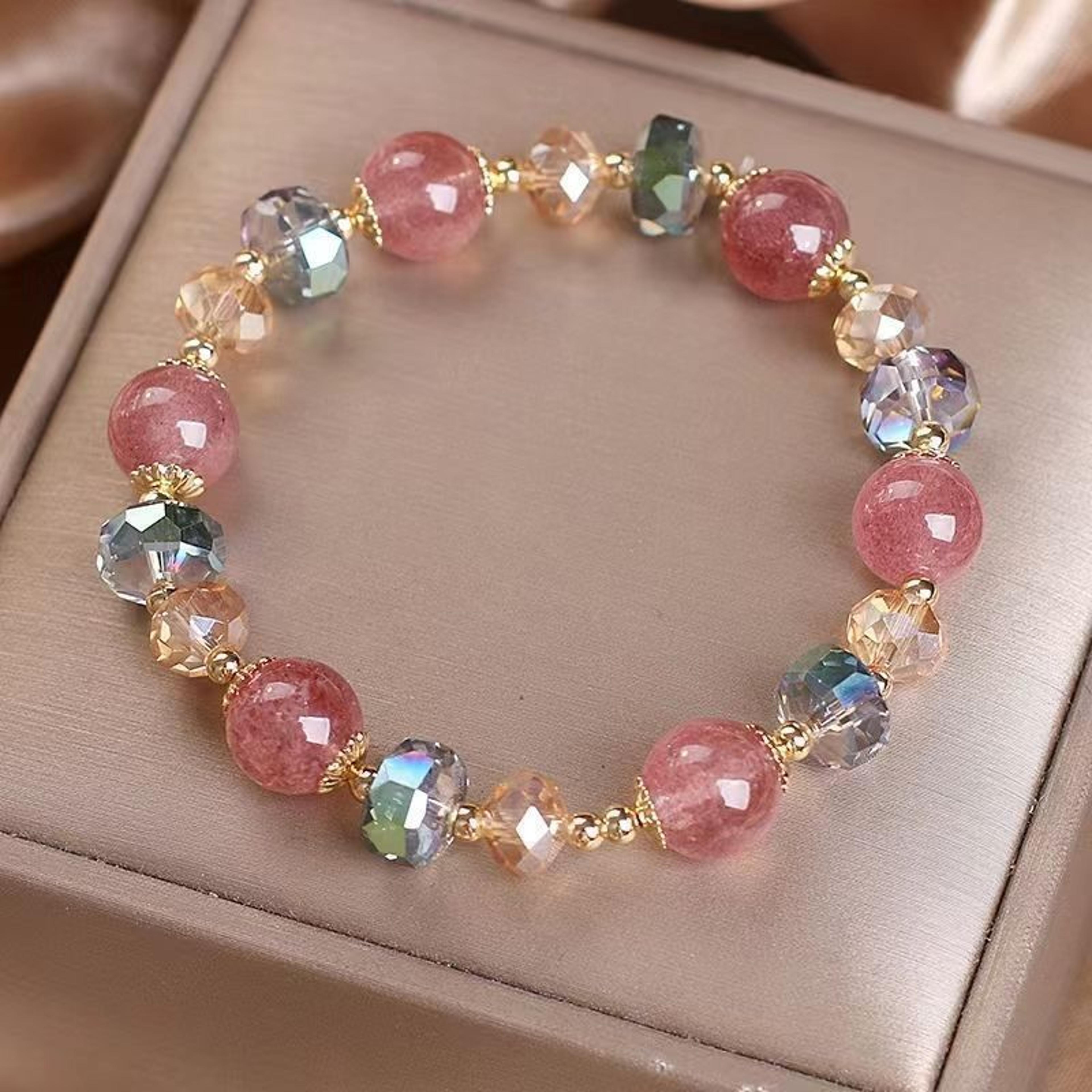 natural strawberry crystal bracelet for women pink beaded elastic jewelry gift
