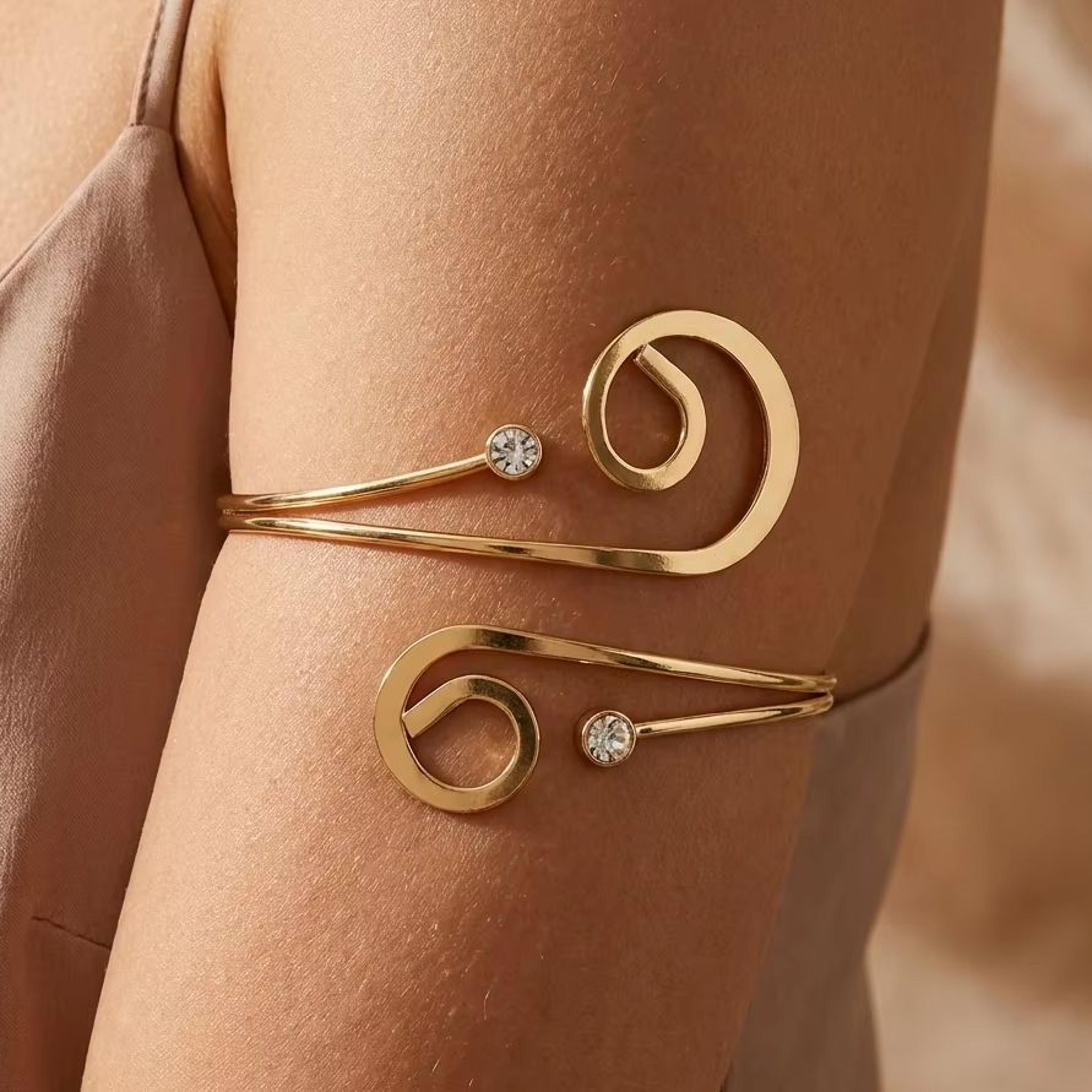 punk rhinestone spiral arm cuff bracelet women adjustable gold jewelry