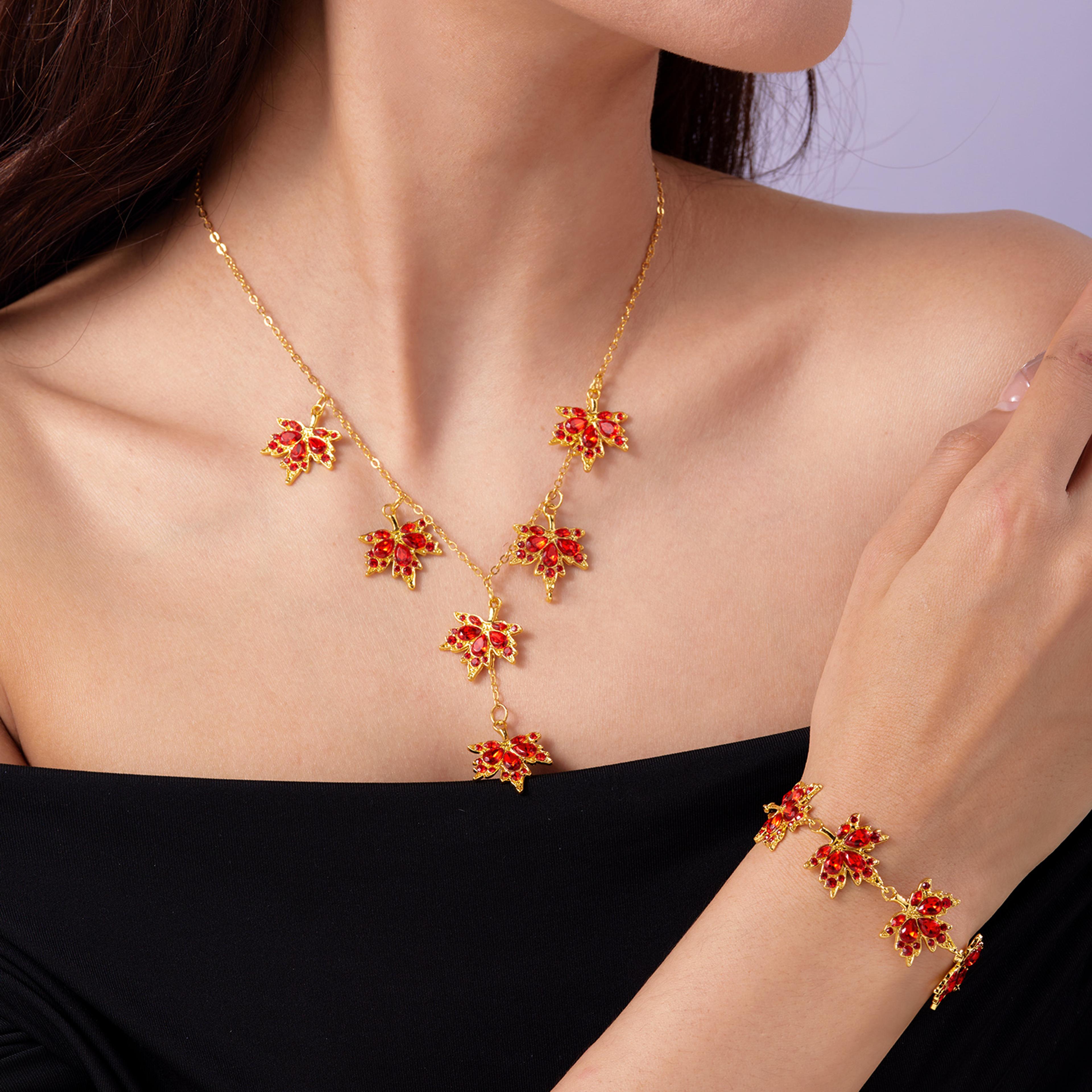 vintage red zircon maple leaf jewelry set for women elegant necklace bracelet earrings