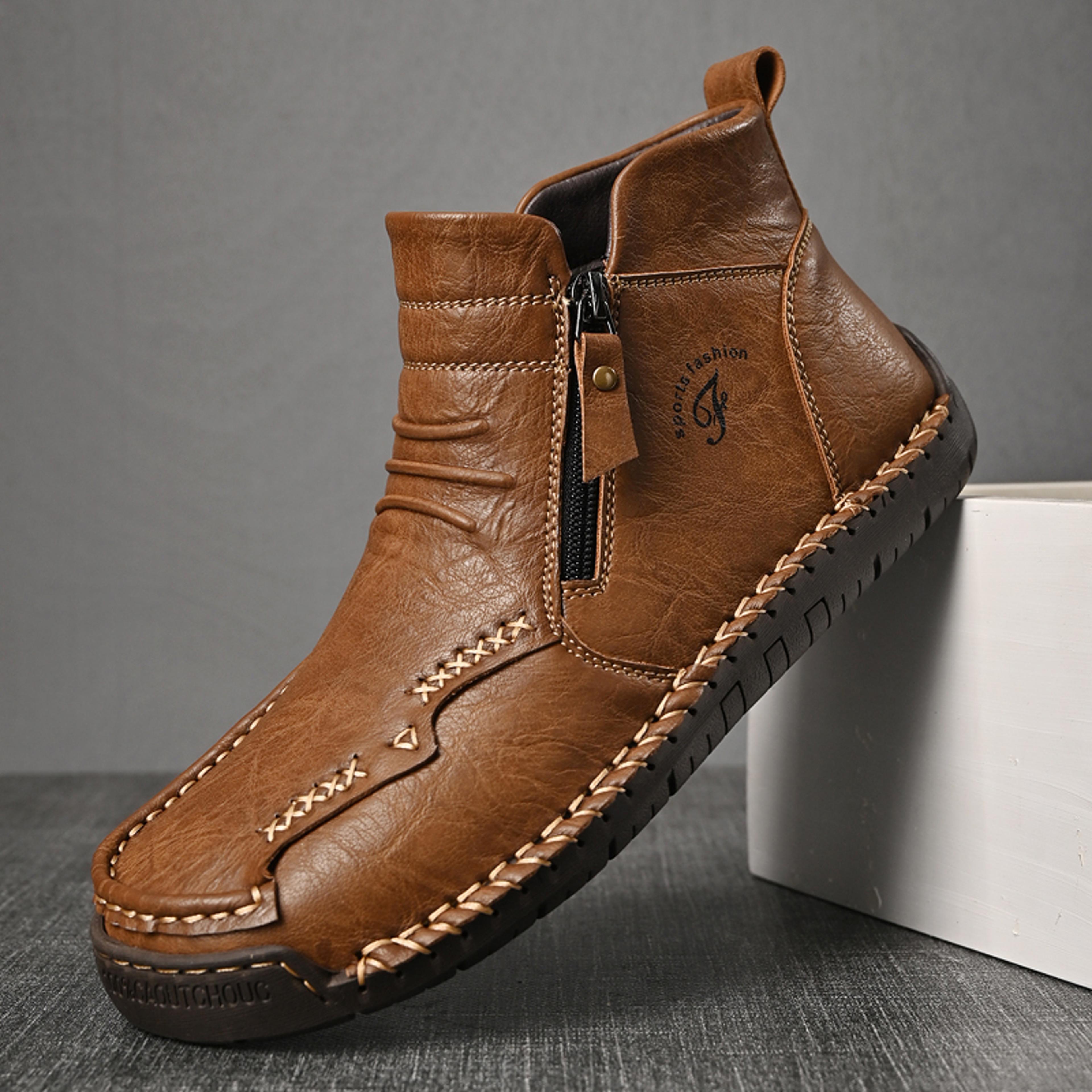 mens genuine leather ankle boots handmade comfortable zipper shoes