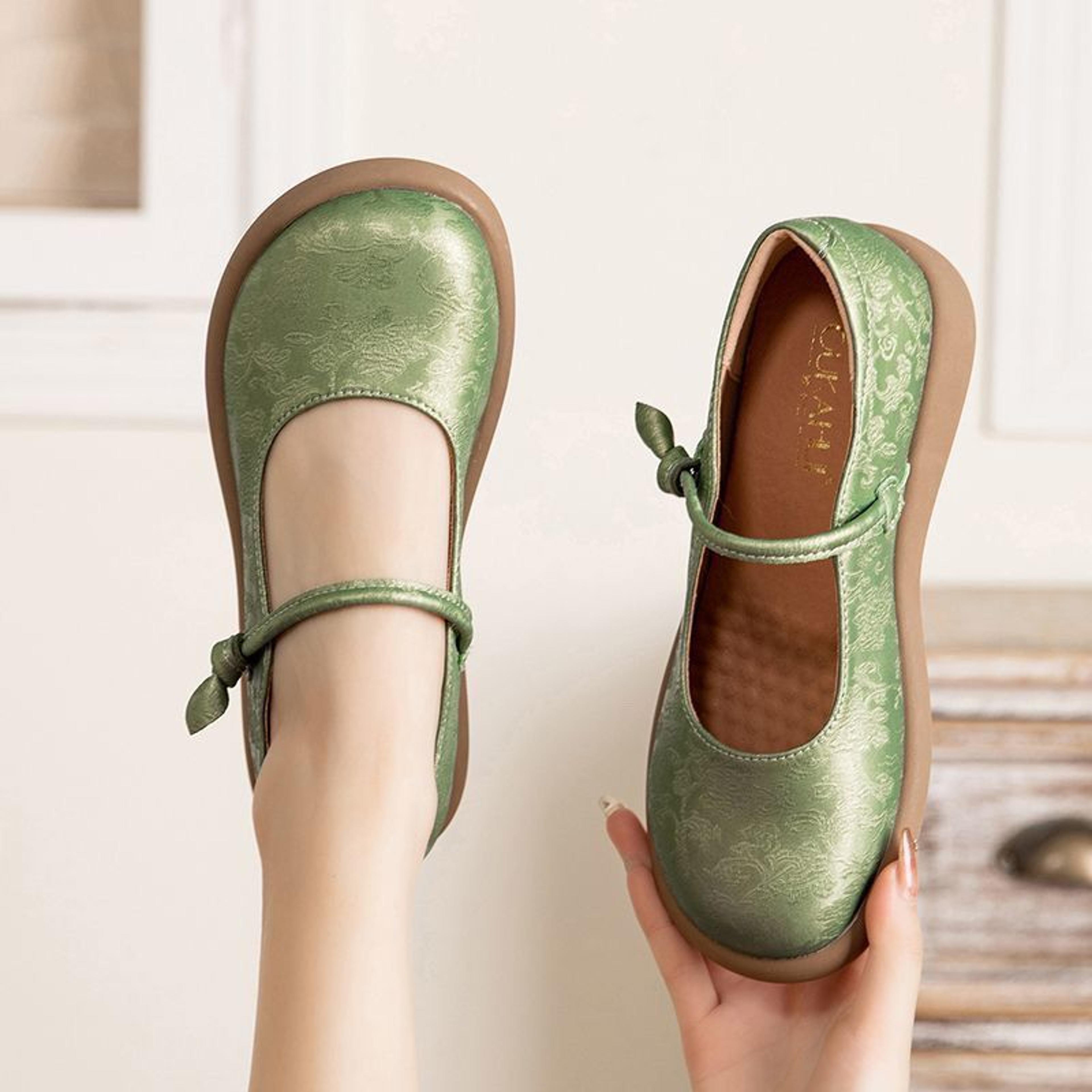 comfortable green mary jane flats for women wide toe leather loafers