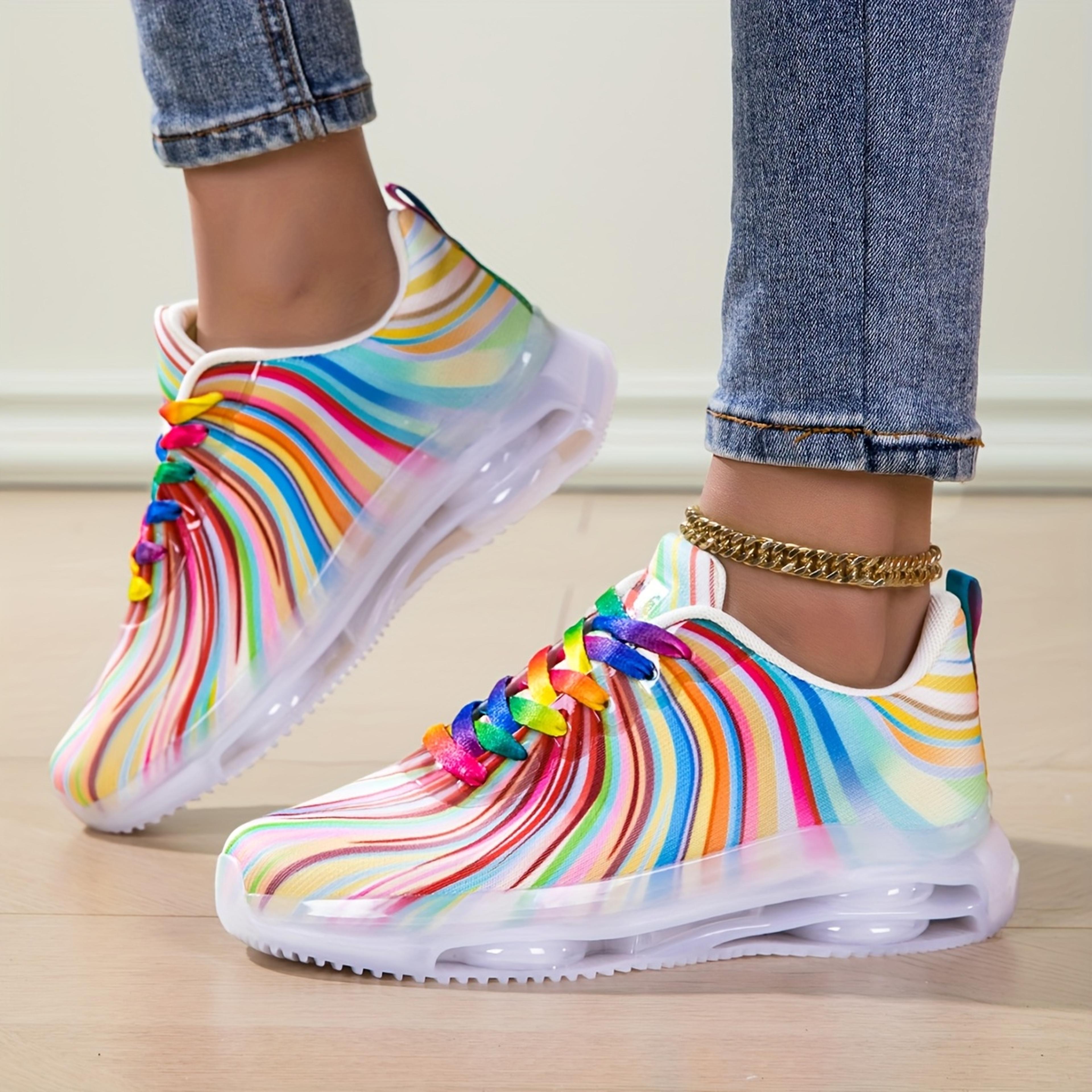 rainbow stripe womens mesh sneakers lightweight lace up casual walking shoes