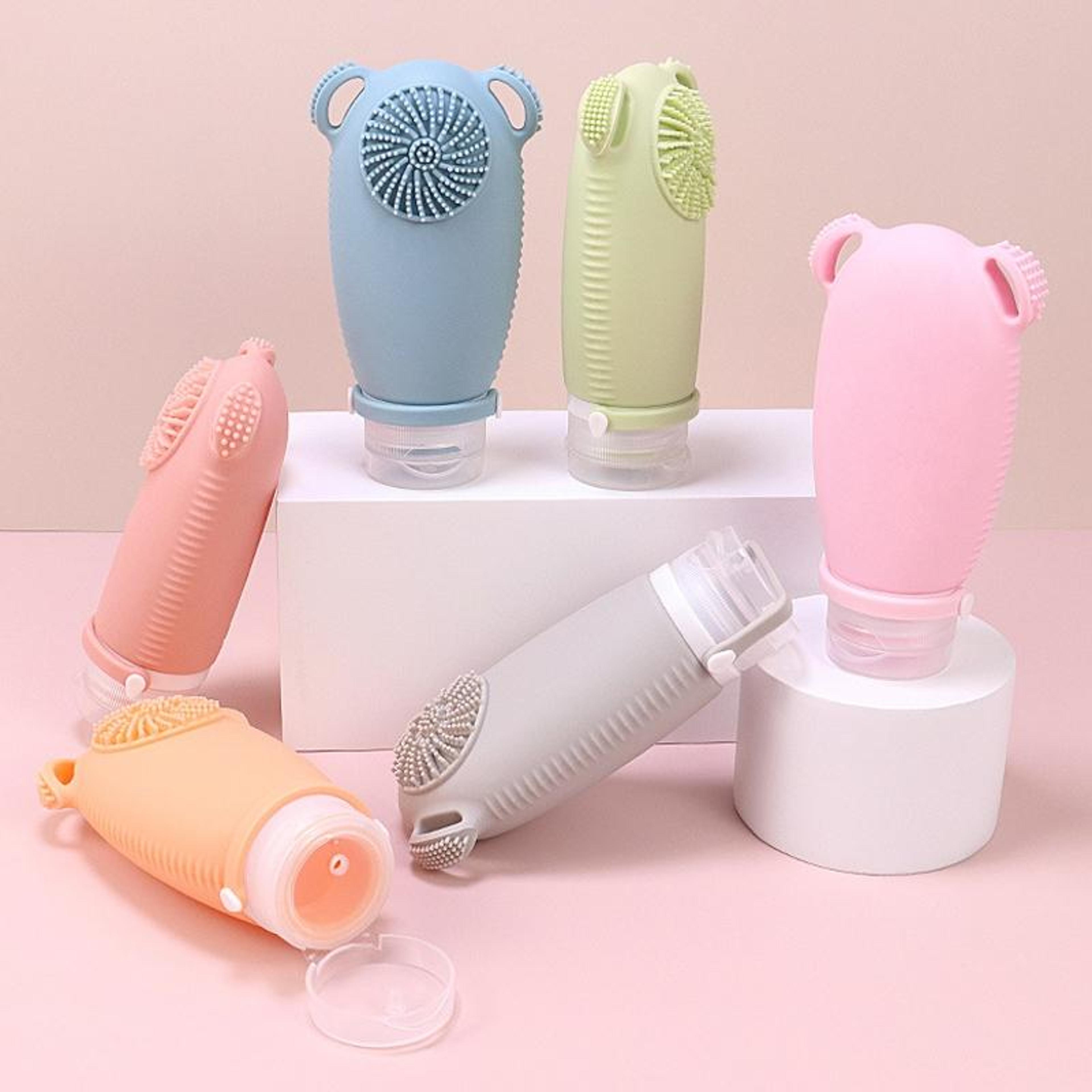 2 in 1 travel shampoo bottle with brush leakproof silicone squeeze dispenser