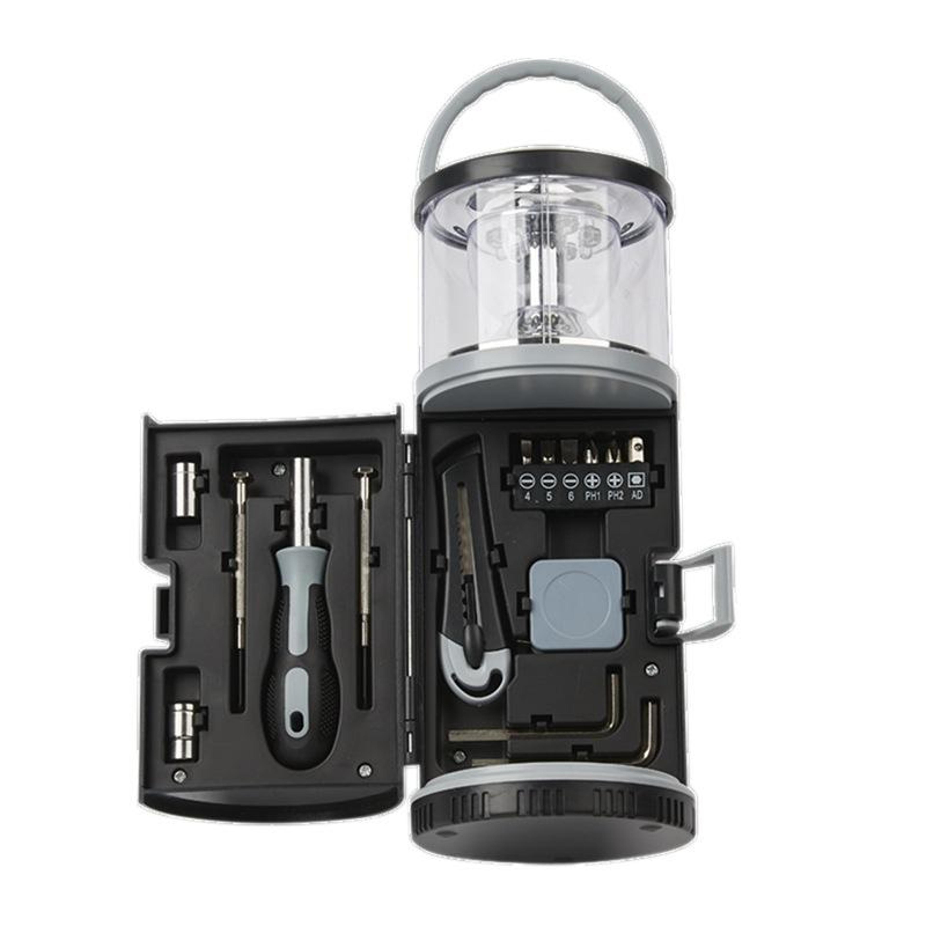 camping lantern with 15 in 1 emergency tool kit & led safety light