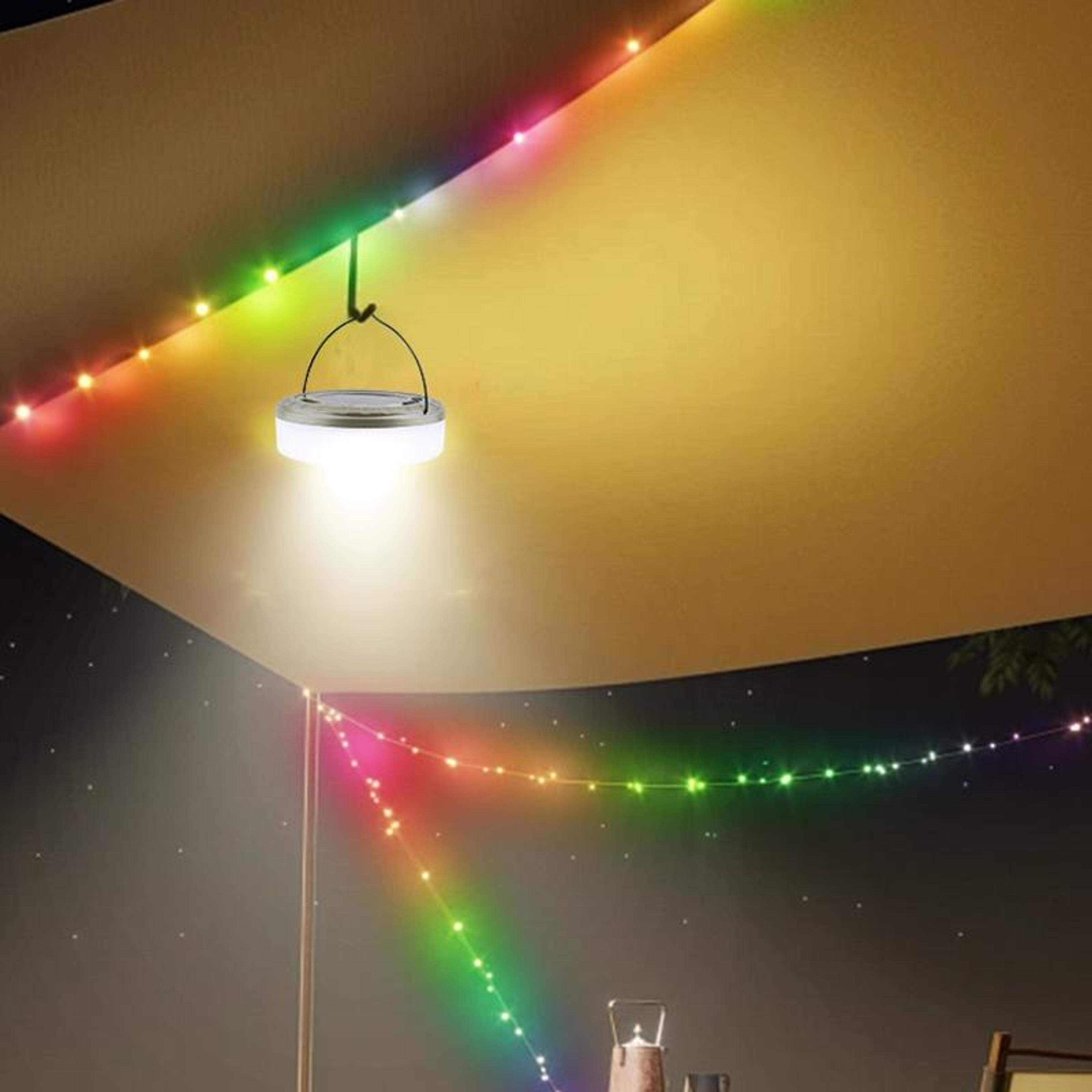solar rechargeable camping lantern with 10m rgb string lights & type c fast charging