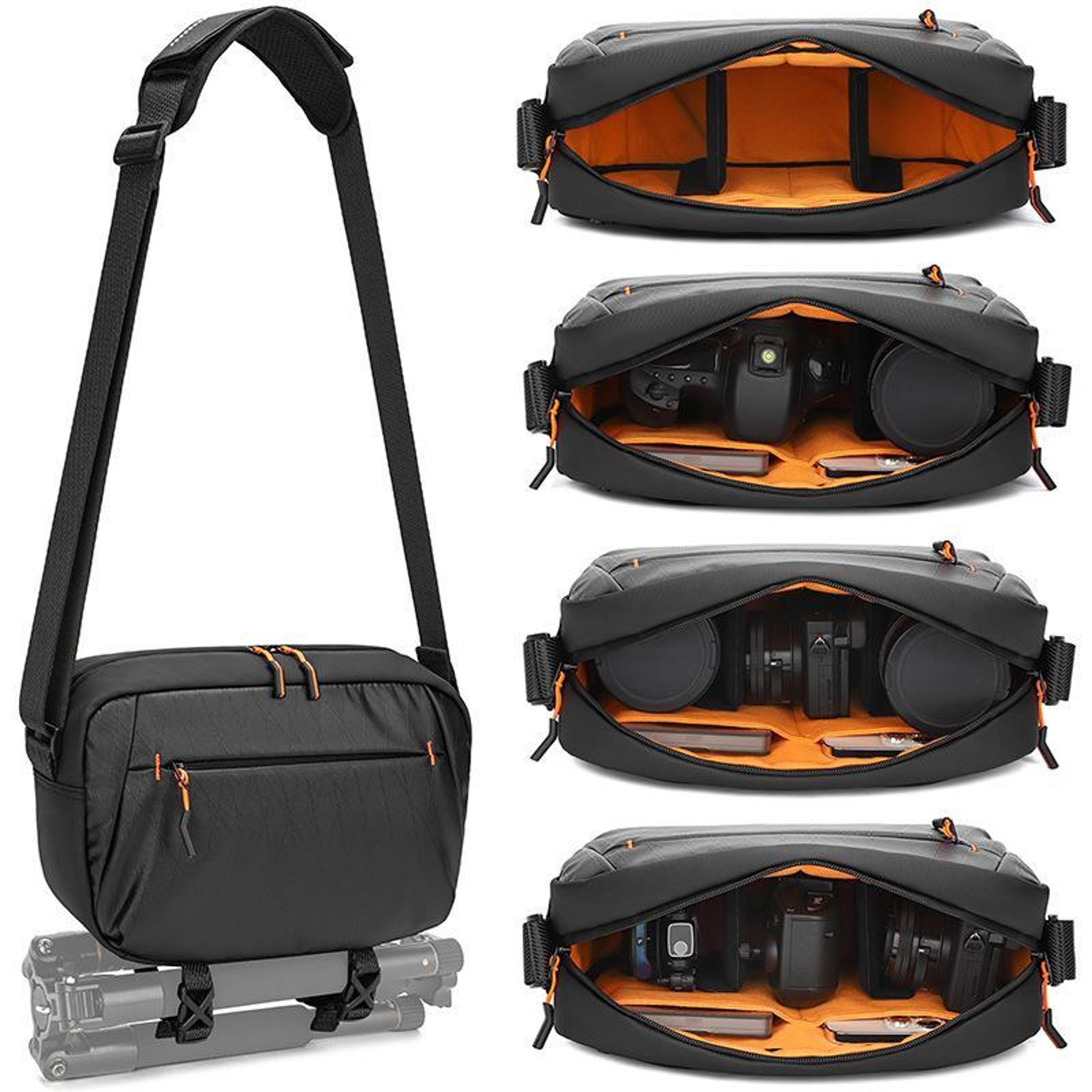 water resistant dslr camera sling bag with removable dividers & tripod strap