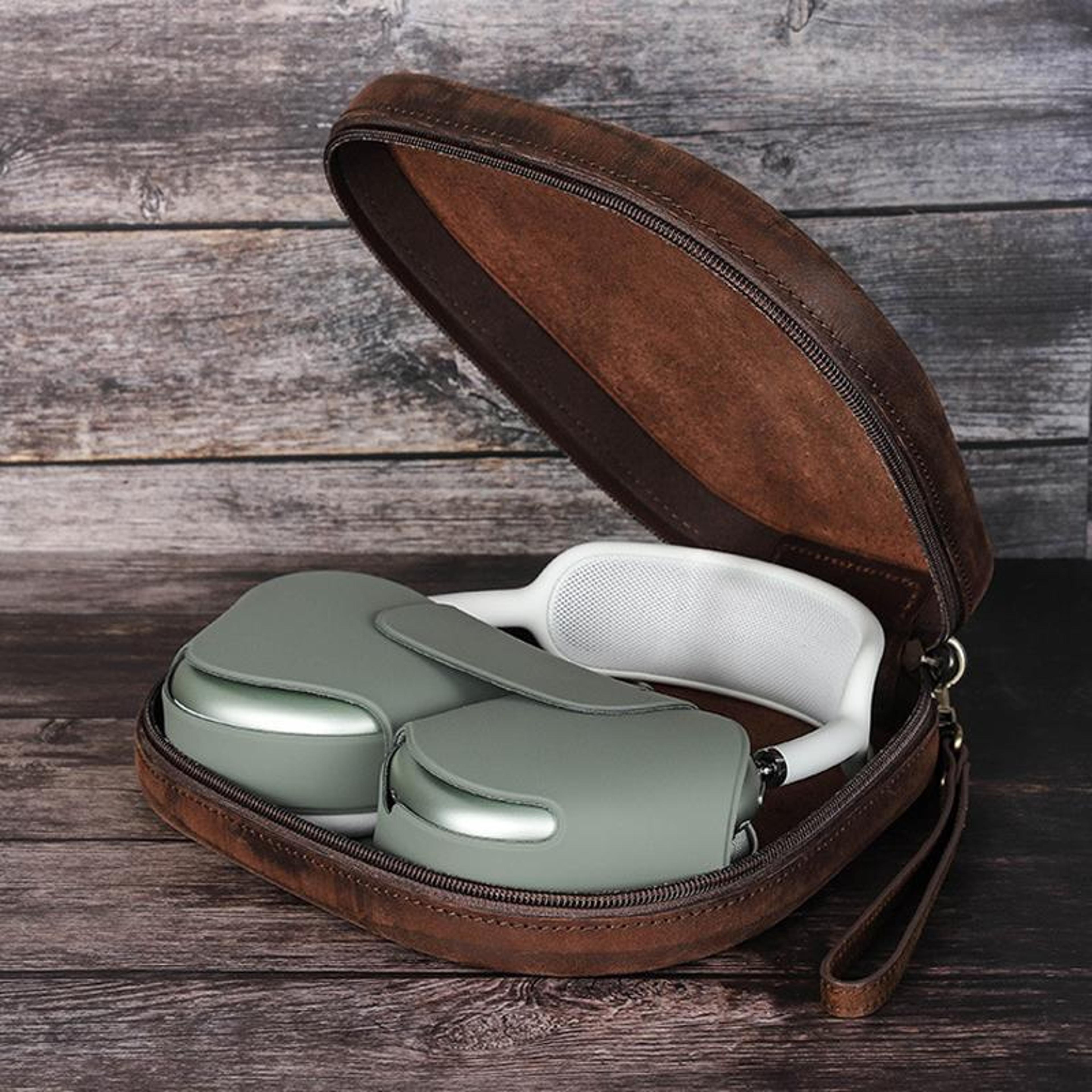 luxury leather airpods max carry case with zipper wrist strap and 360 protection