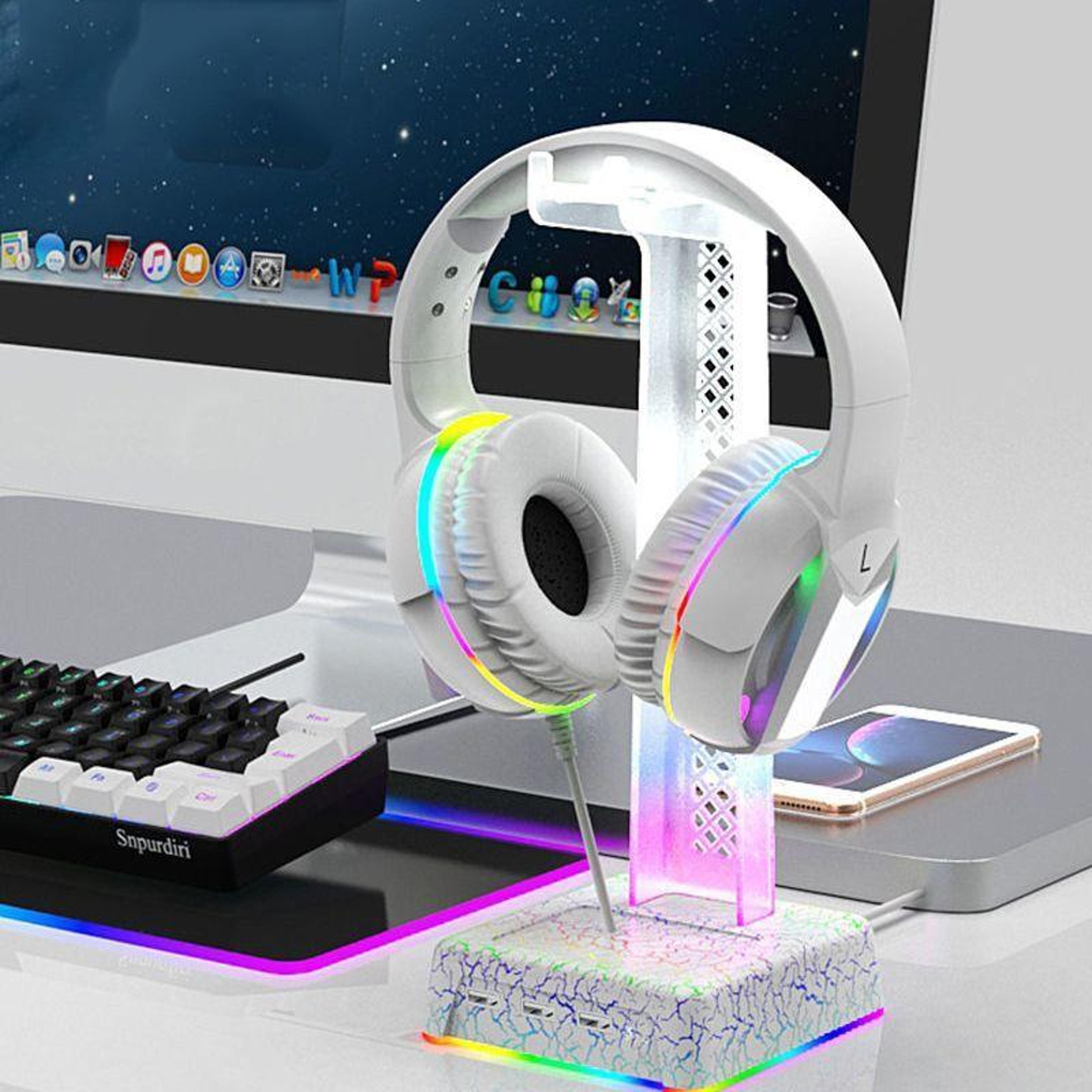 rgb gaming headphone stand with usb hub and ambient crackle light
