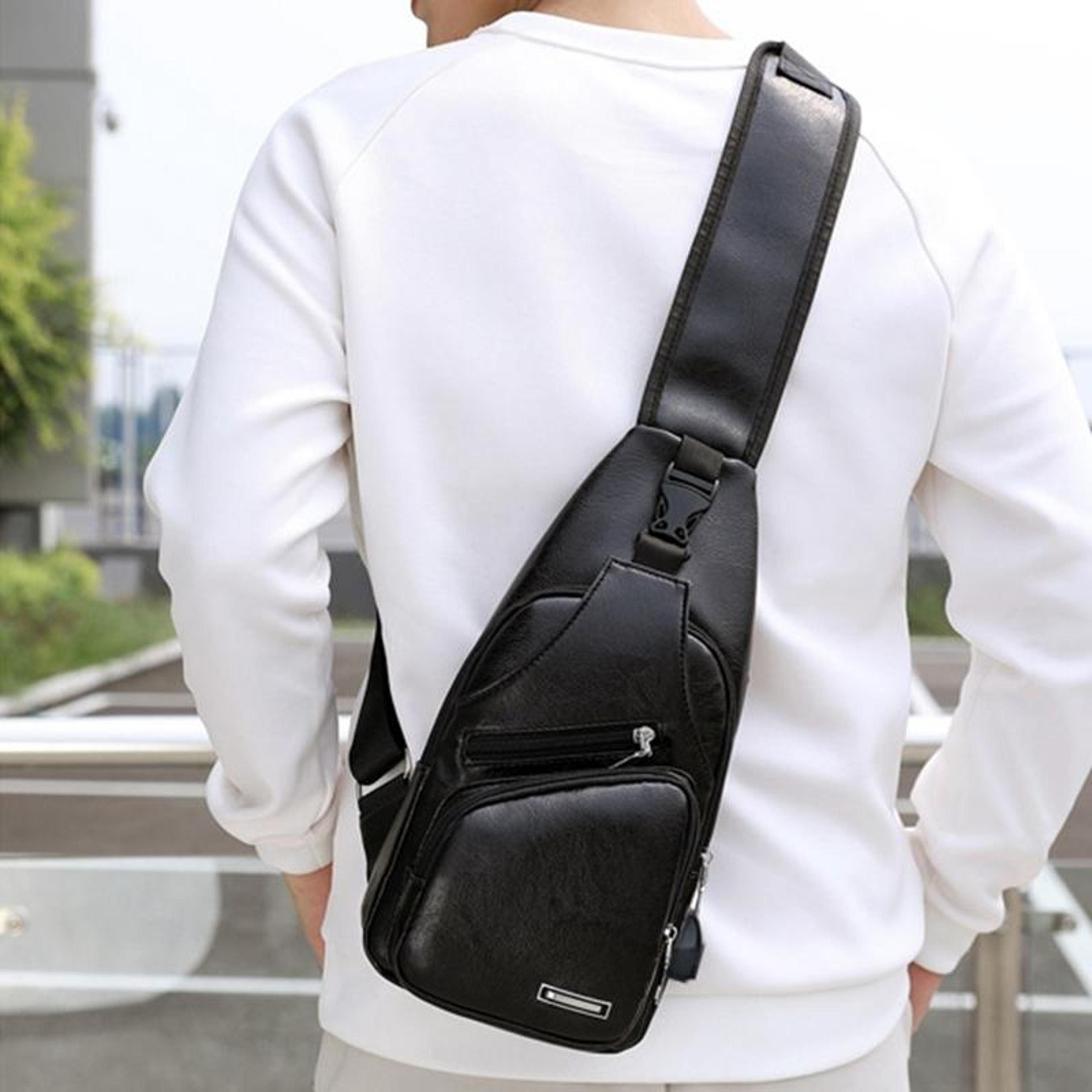 urbancharge waterproof pu leather chest bag with usb port for men