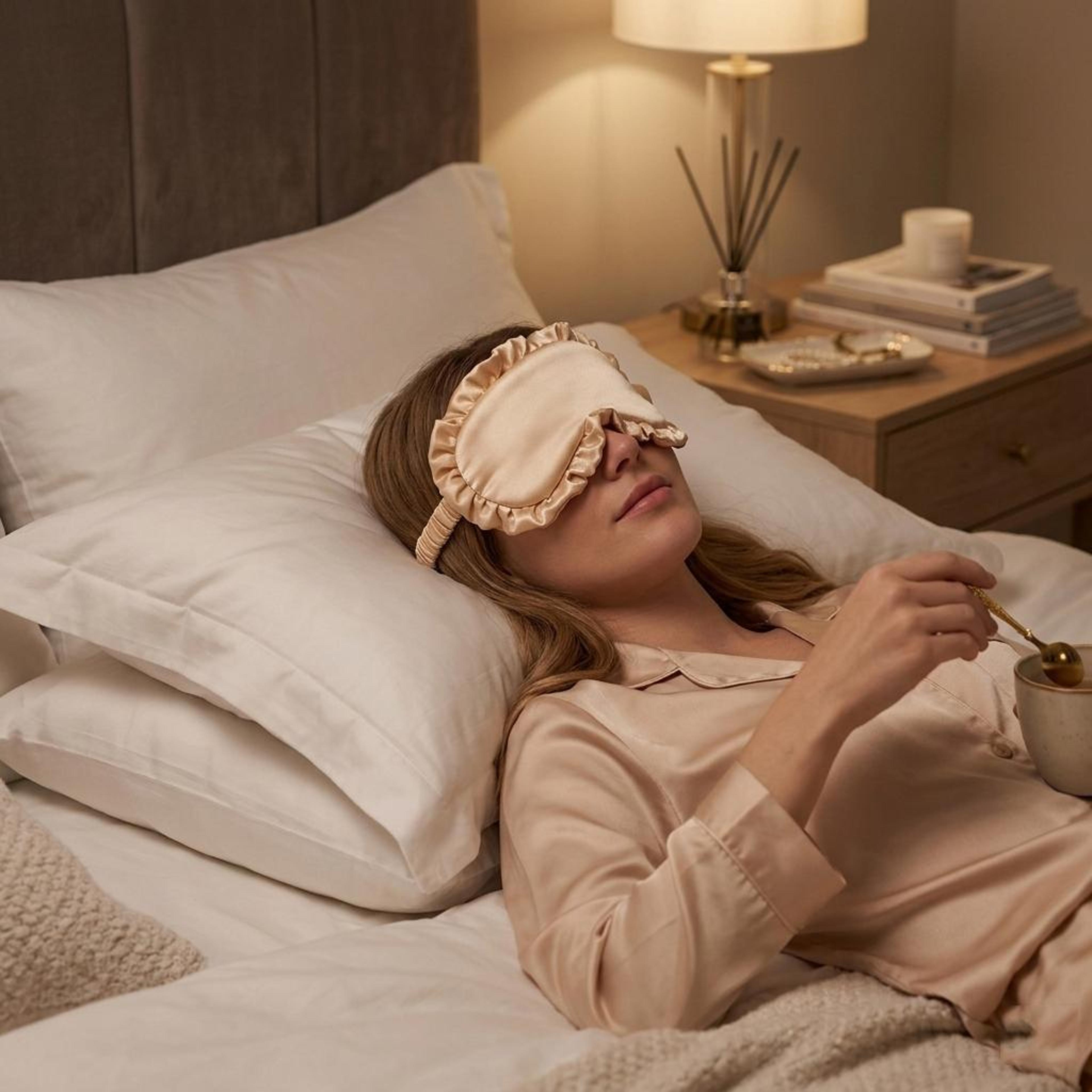 silky ruffle faux silk sleep mask for women light blocking soft breathable eye cover