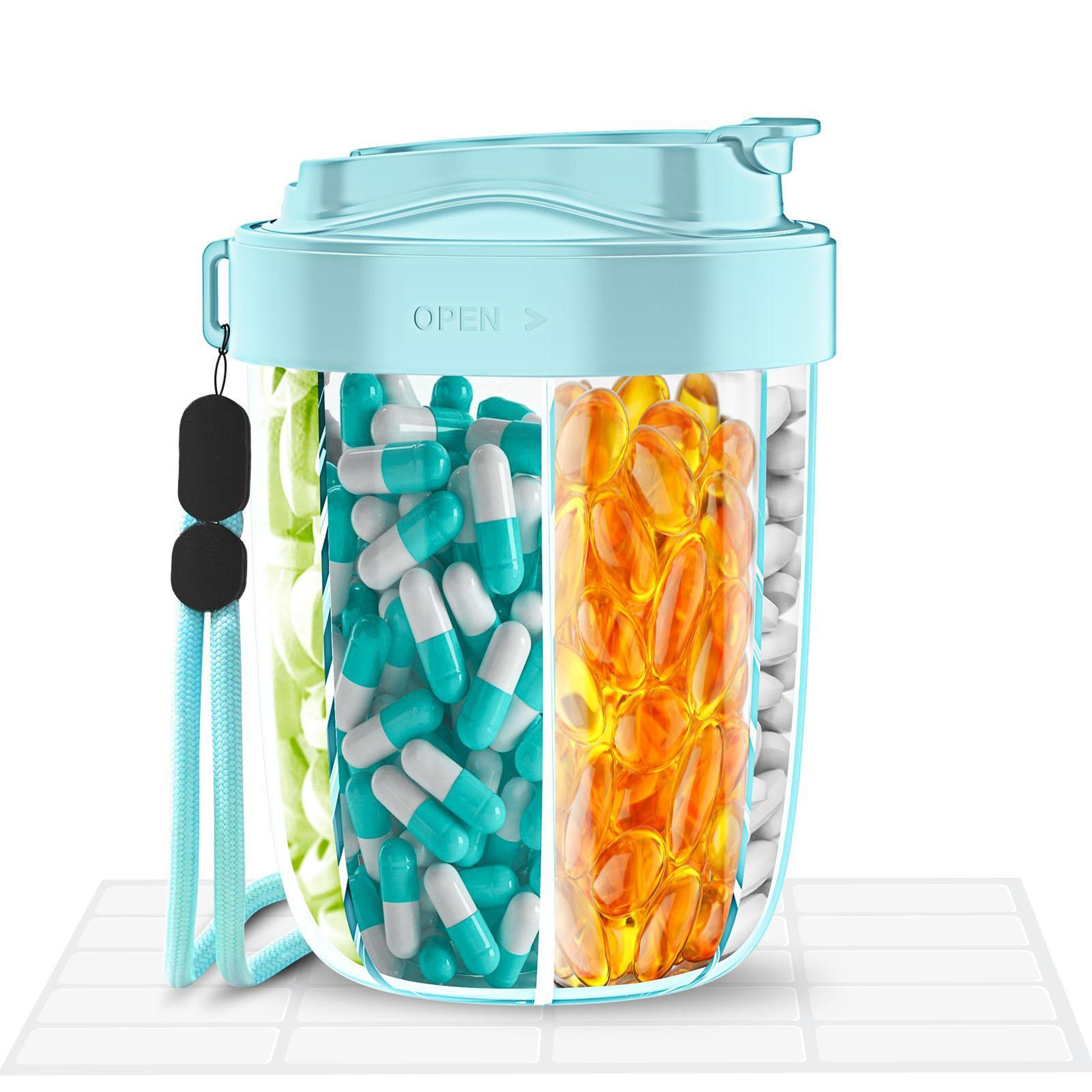travel pill organizer water bottle with 7 compartments and moisture sealed storage