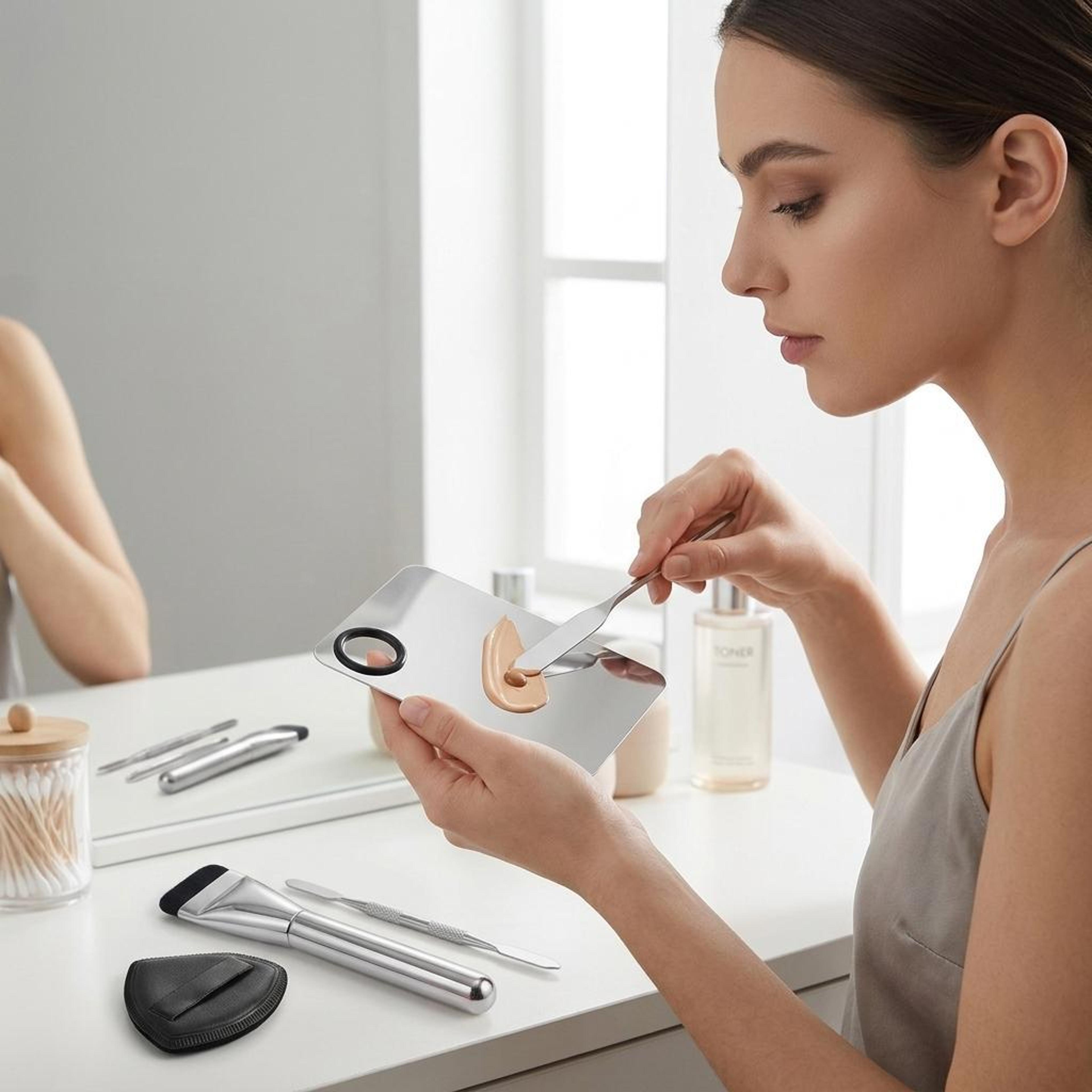 flawless blend 5 piece makeup mixing palette & foundation spatula set with brush and powder puff
