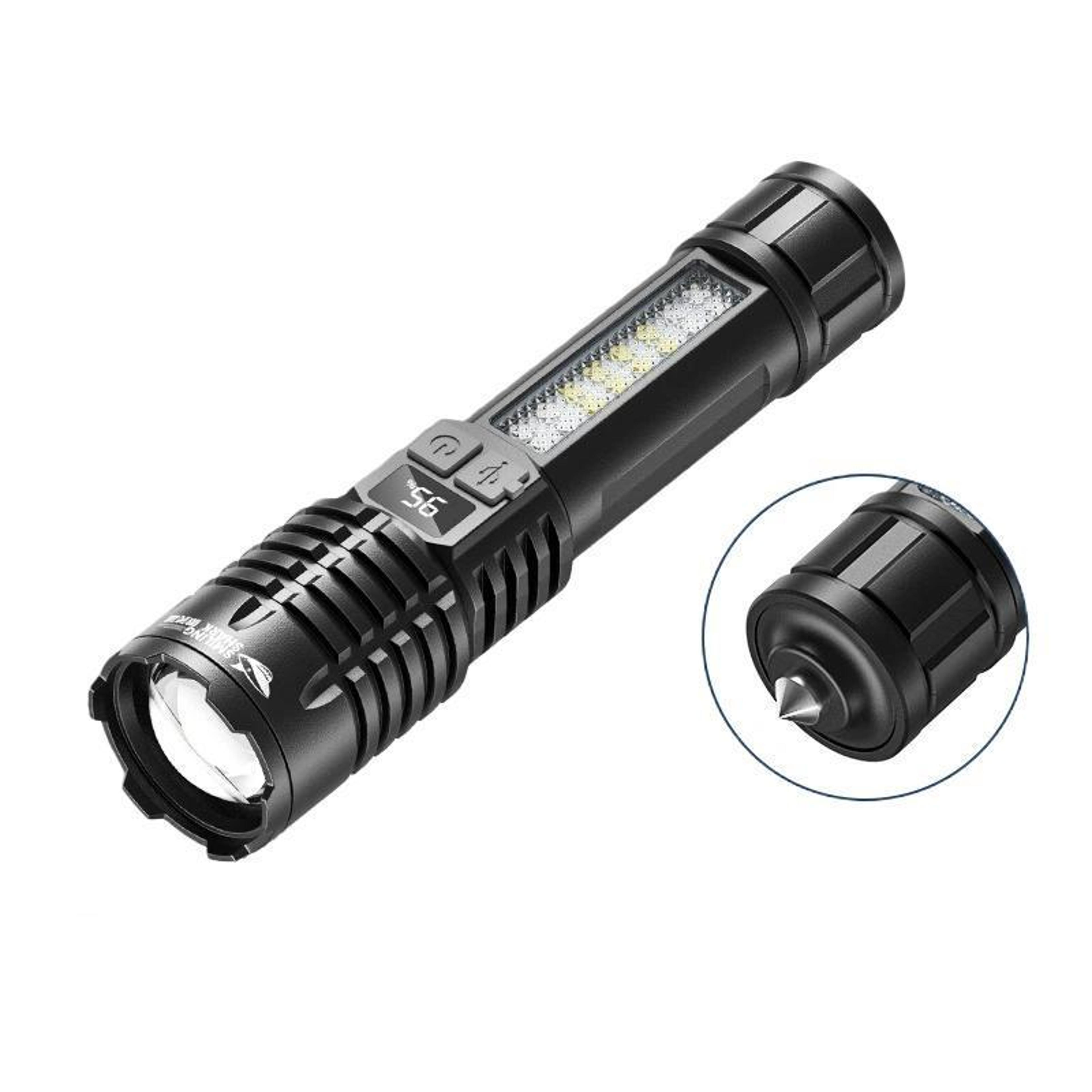 rechargeable zoomable led flashlight with side camping light & emergency warning mode