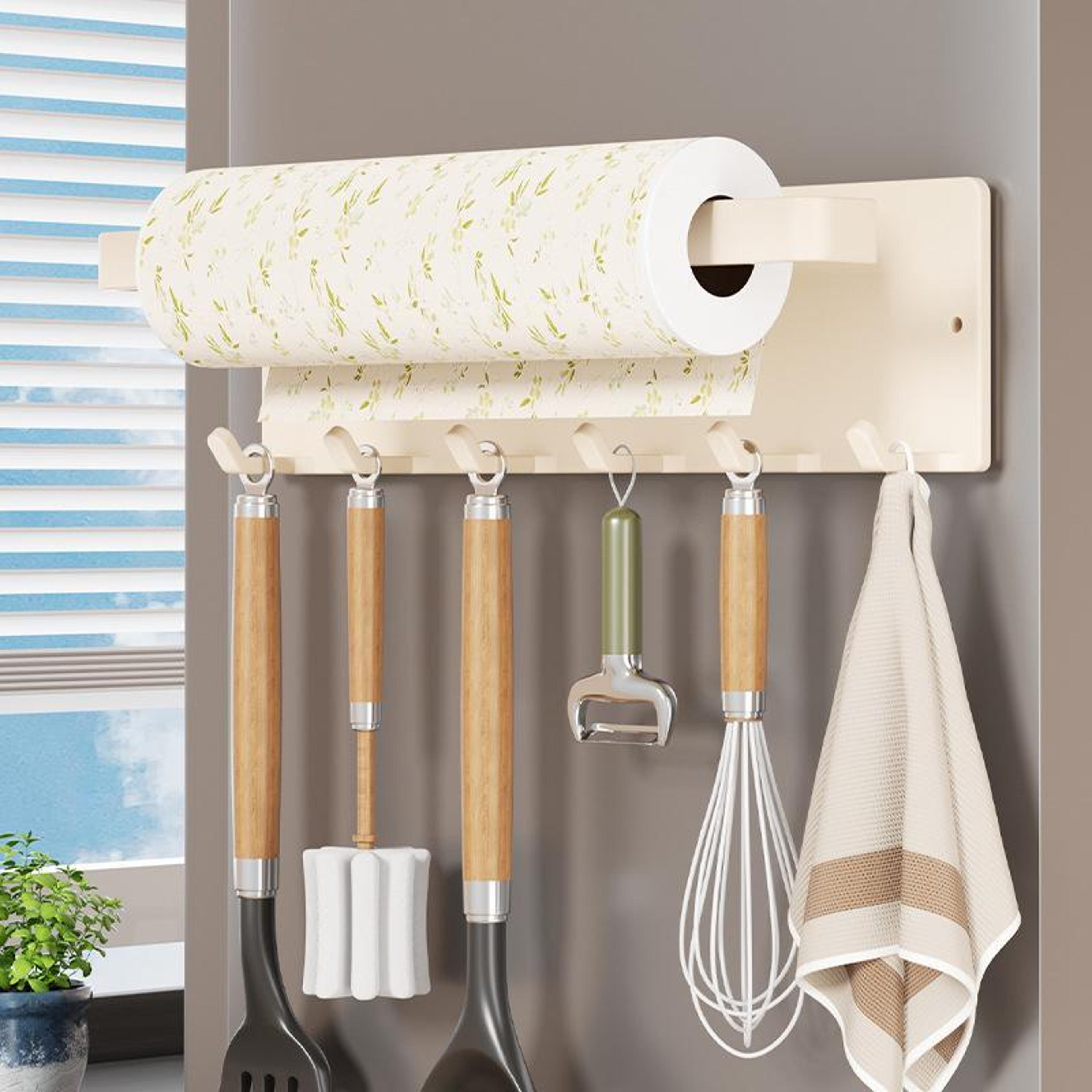 magnetic kitchen roll holder with 6 hooks no drill storage rack