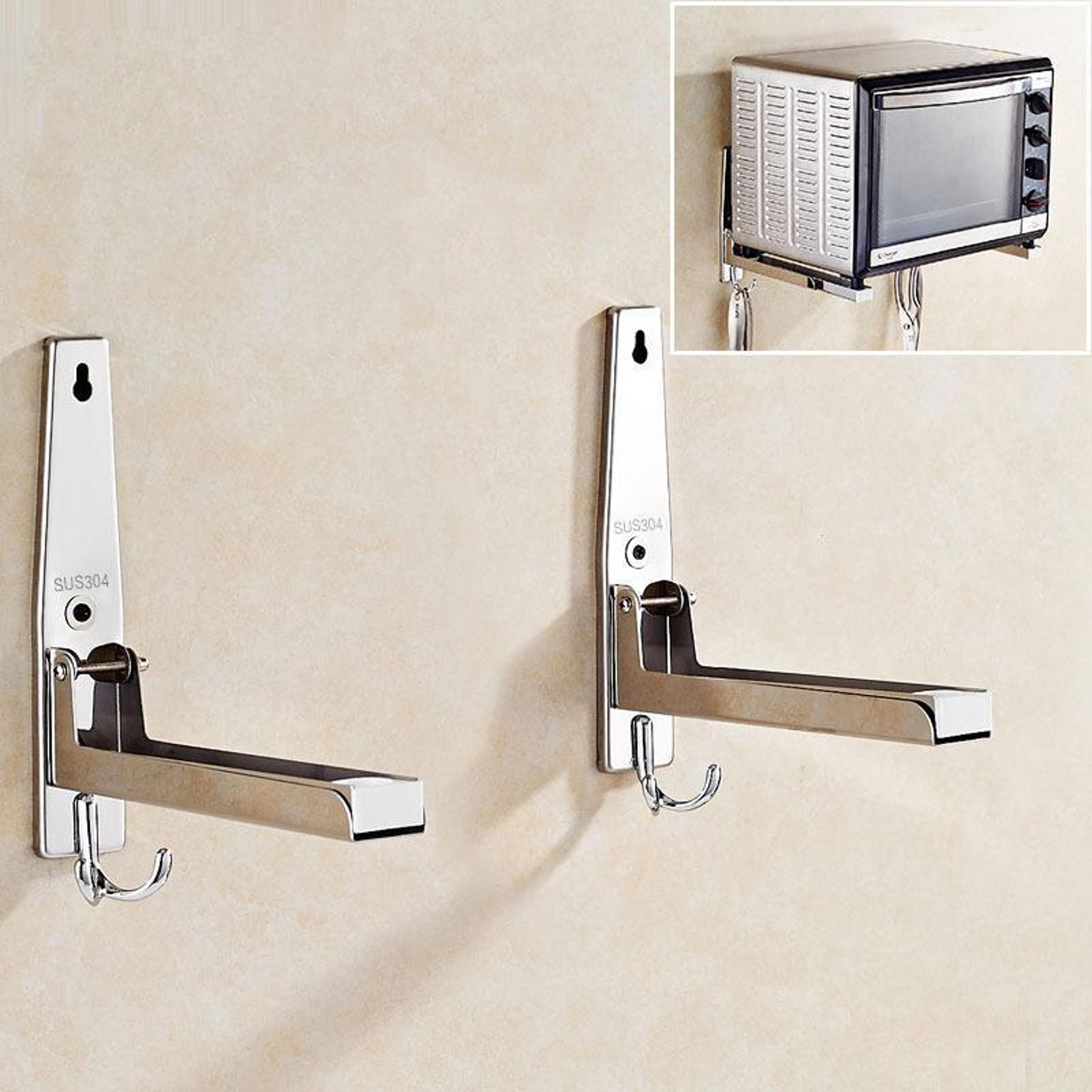 adjustable 304 stainless steel wall mounted microwave shelf with hooks space saving kitchen organizer