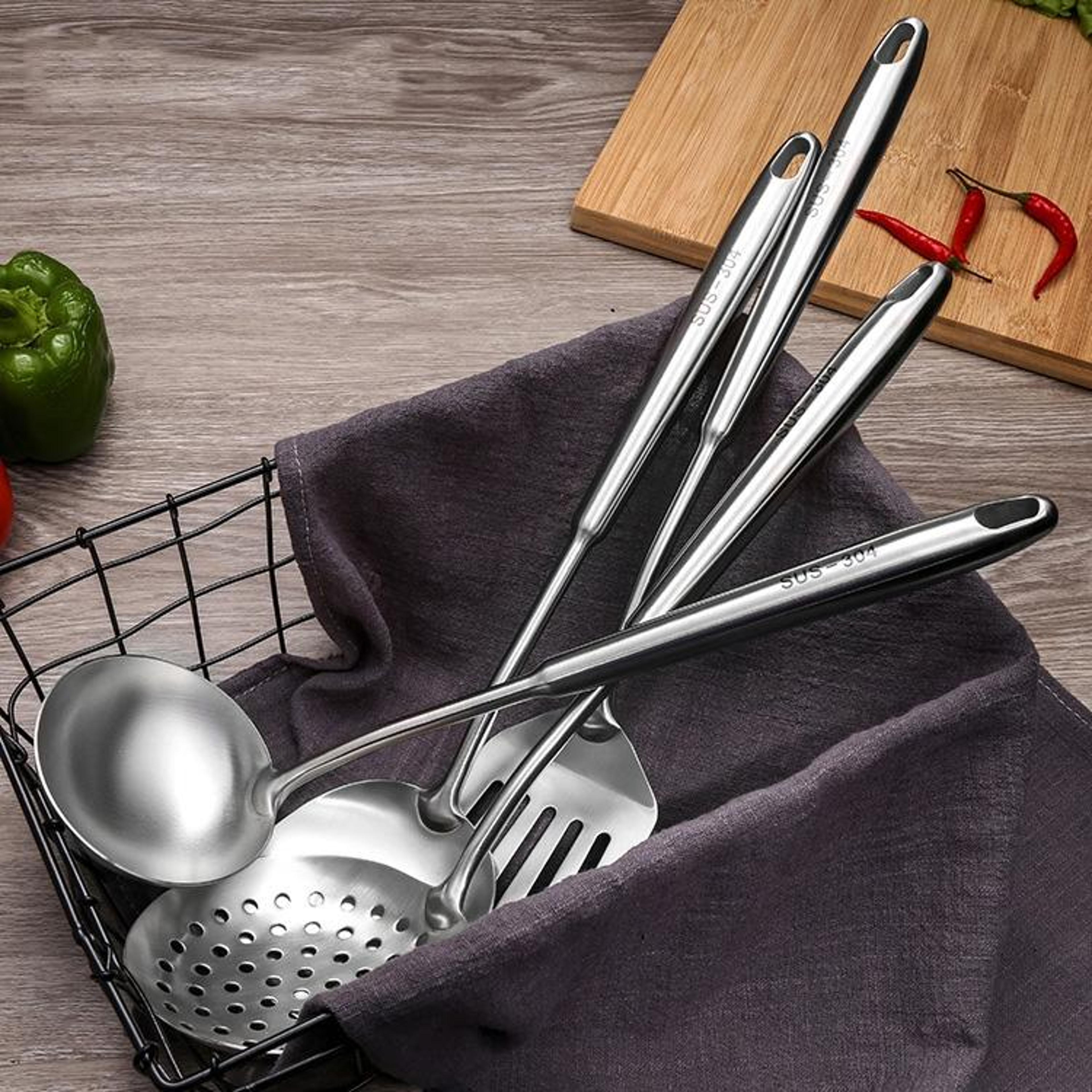 304 stainless steel kitchen cooking utensil set with thickened hollow handles