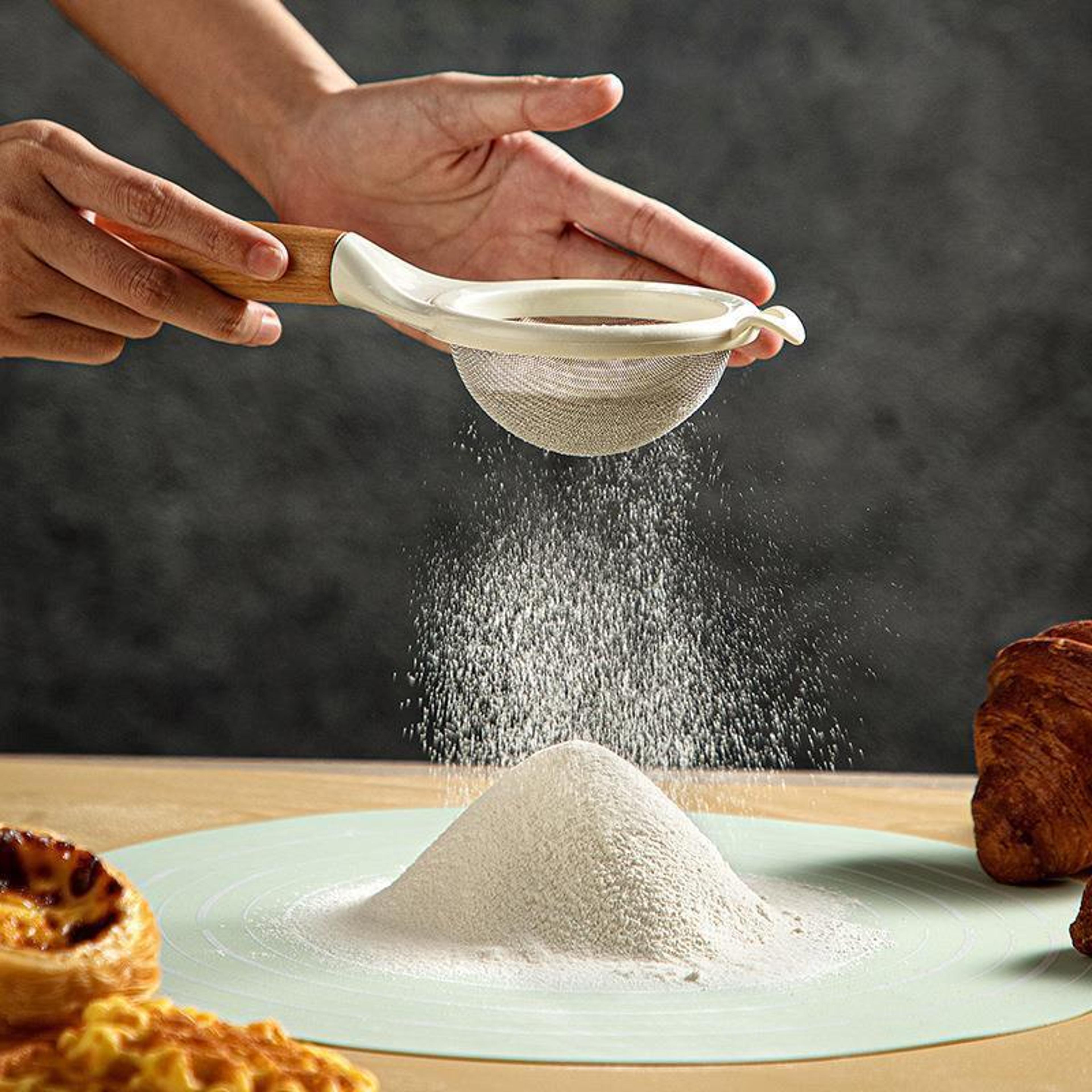 premium stainless steel flour sifter with ergonomic wooden handle