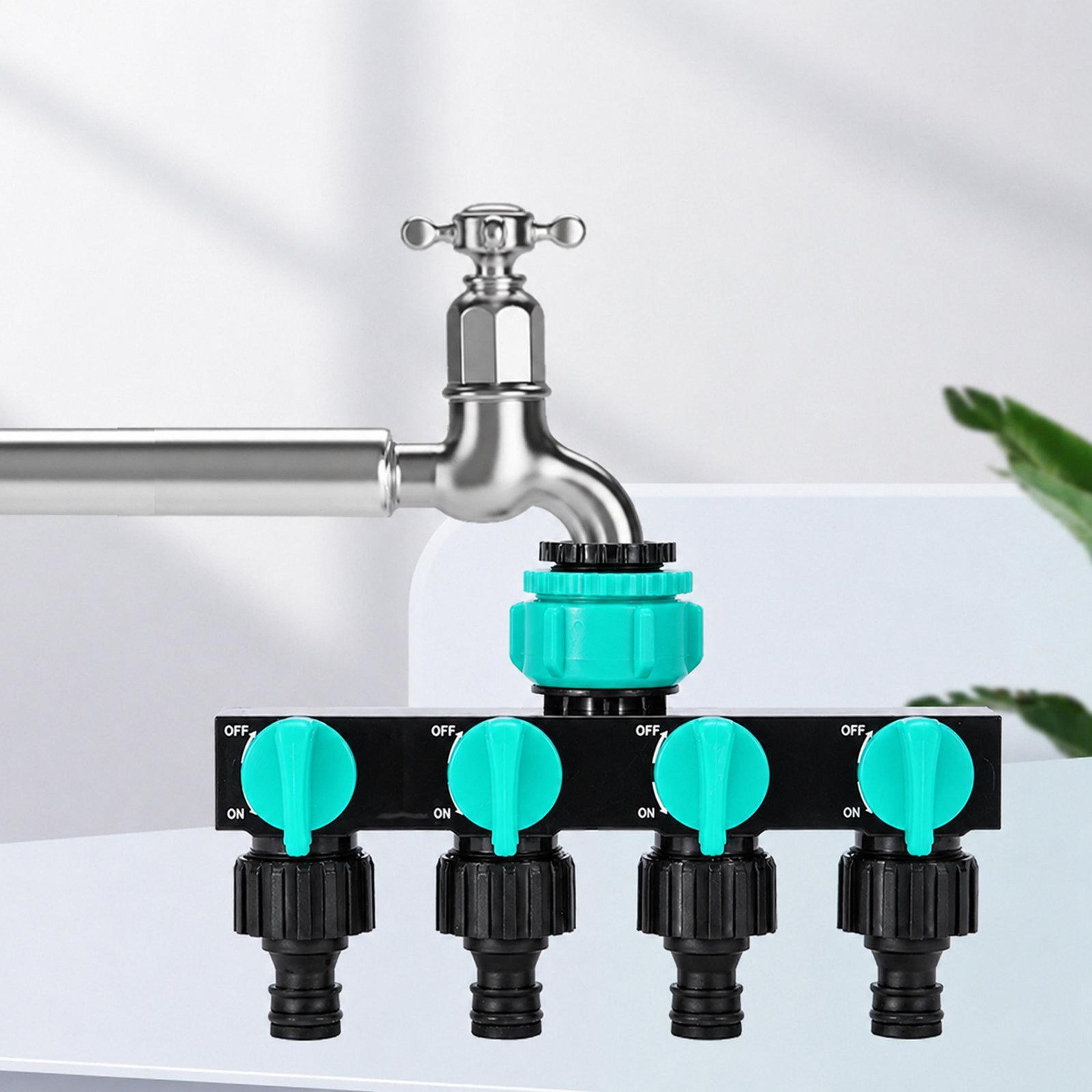 aquaflow 4 way hose splitter with independent valves & quick connect water hose connector