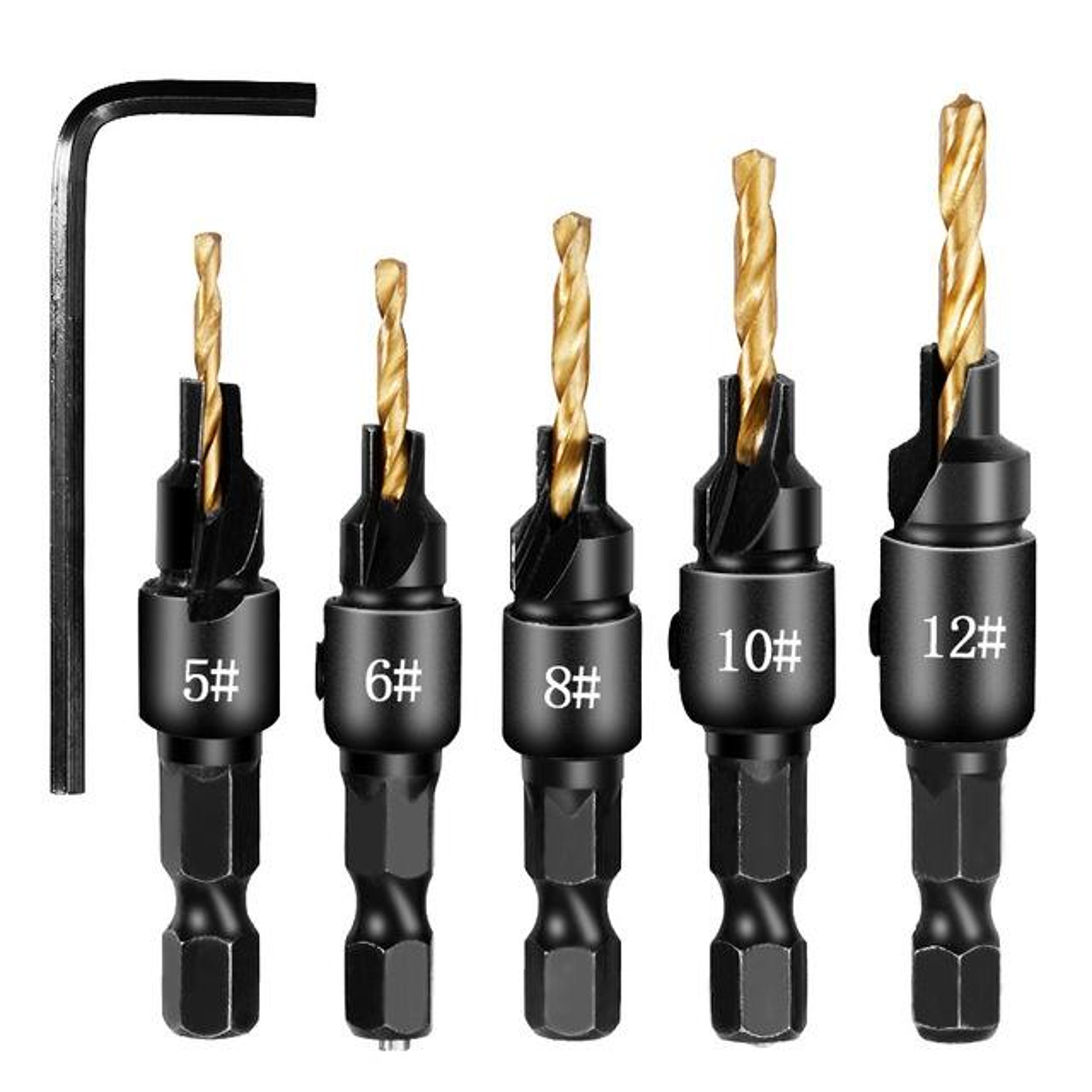 precision countersink drill bit set for woodworking 5 piece hex shank pilot hole kit