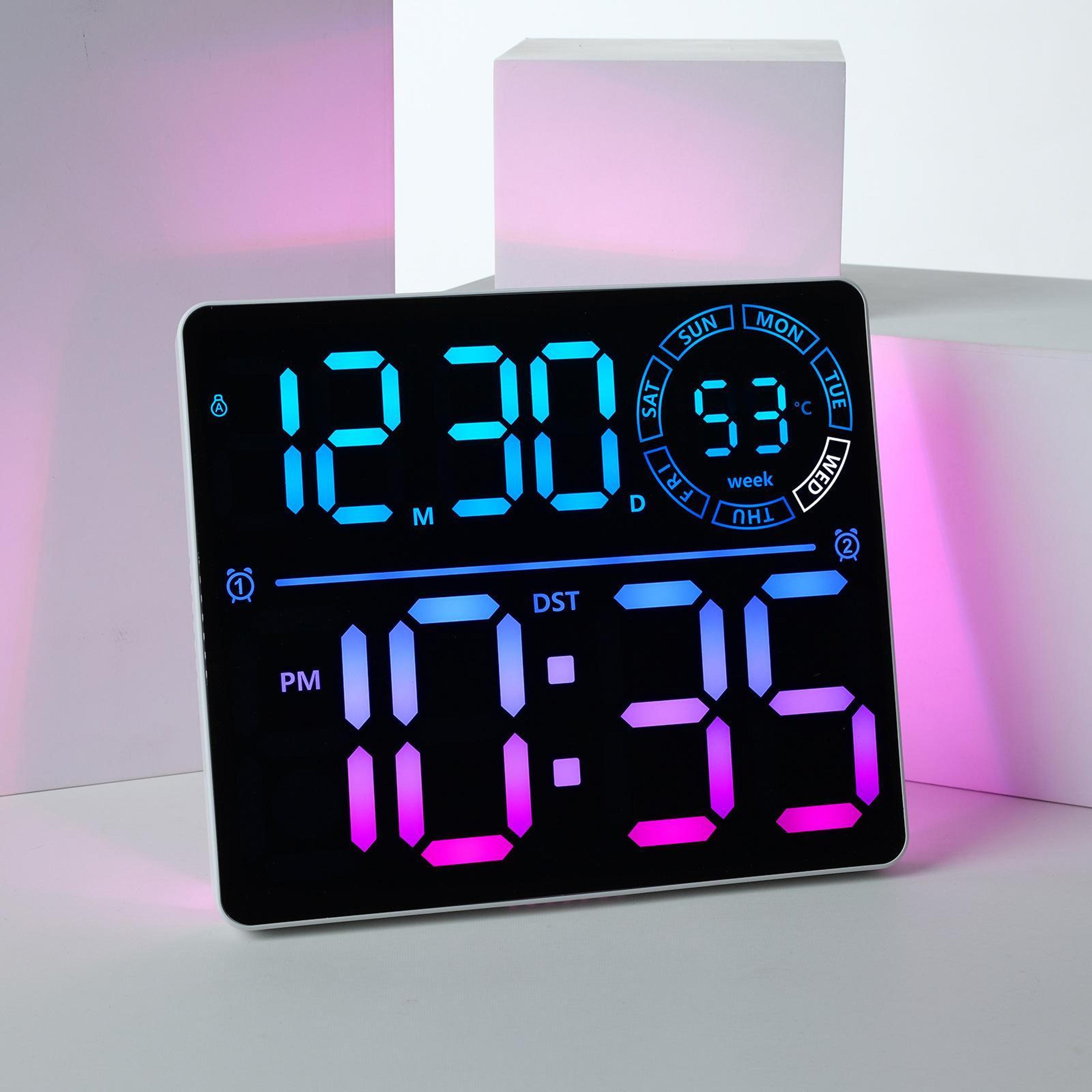 rgb digital wall clock with large led display, dual alarm & smart timer