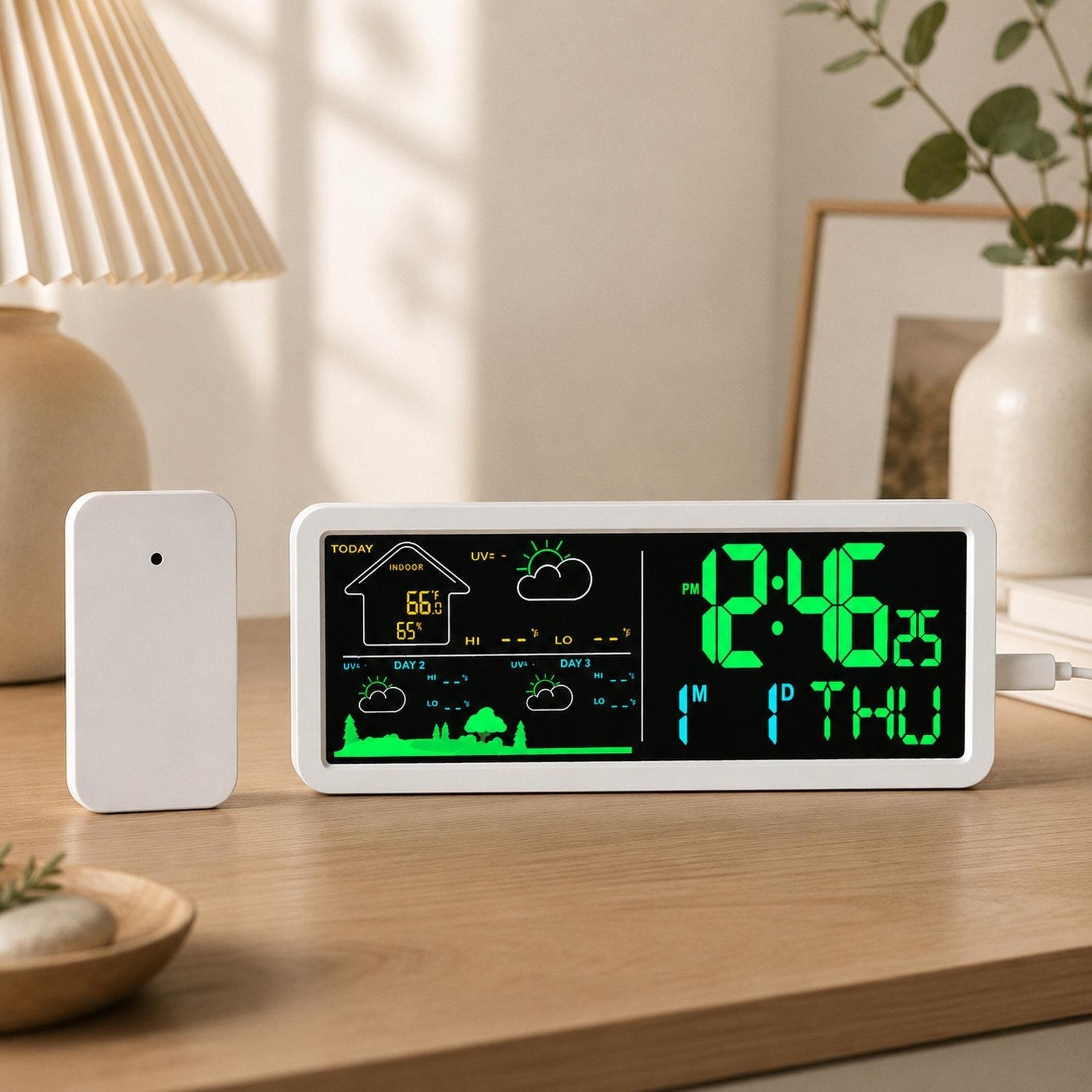 smart wireless weather station clock with outdoor sensor & 3 day forecast display