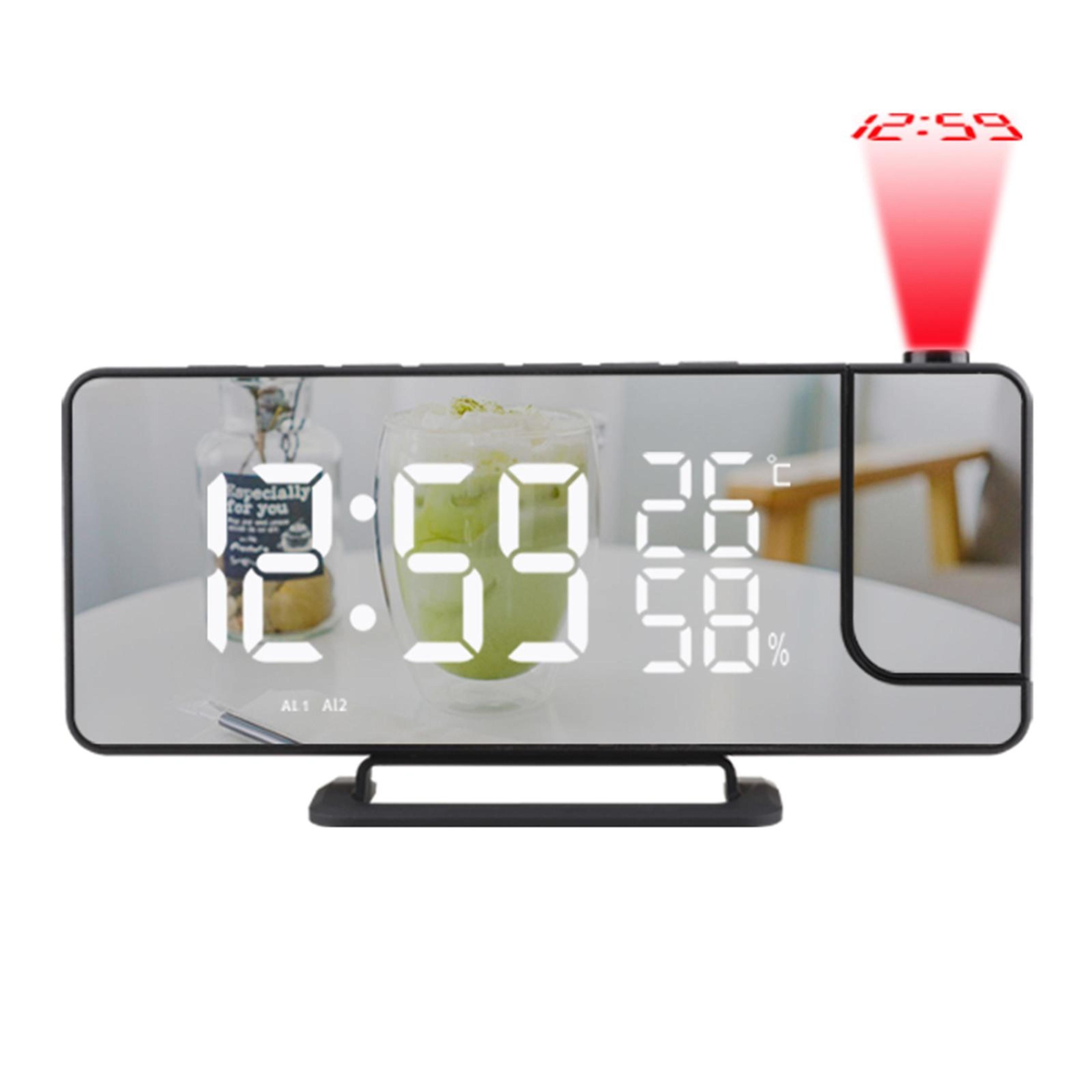 smart projection alarm clock with fm radio, temperature humidity monitor & mirror display