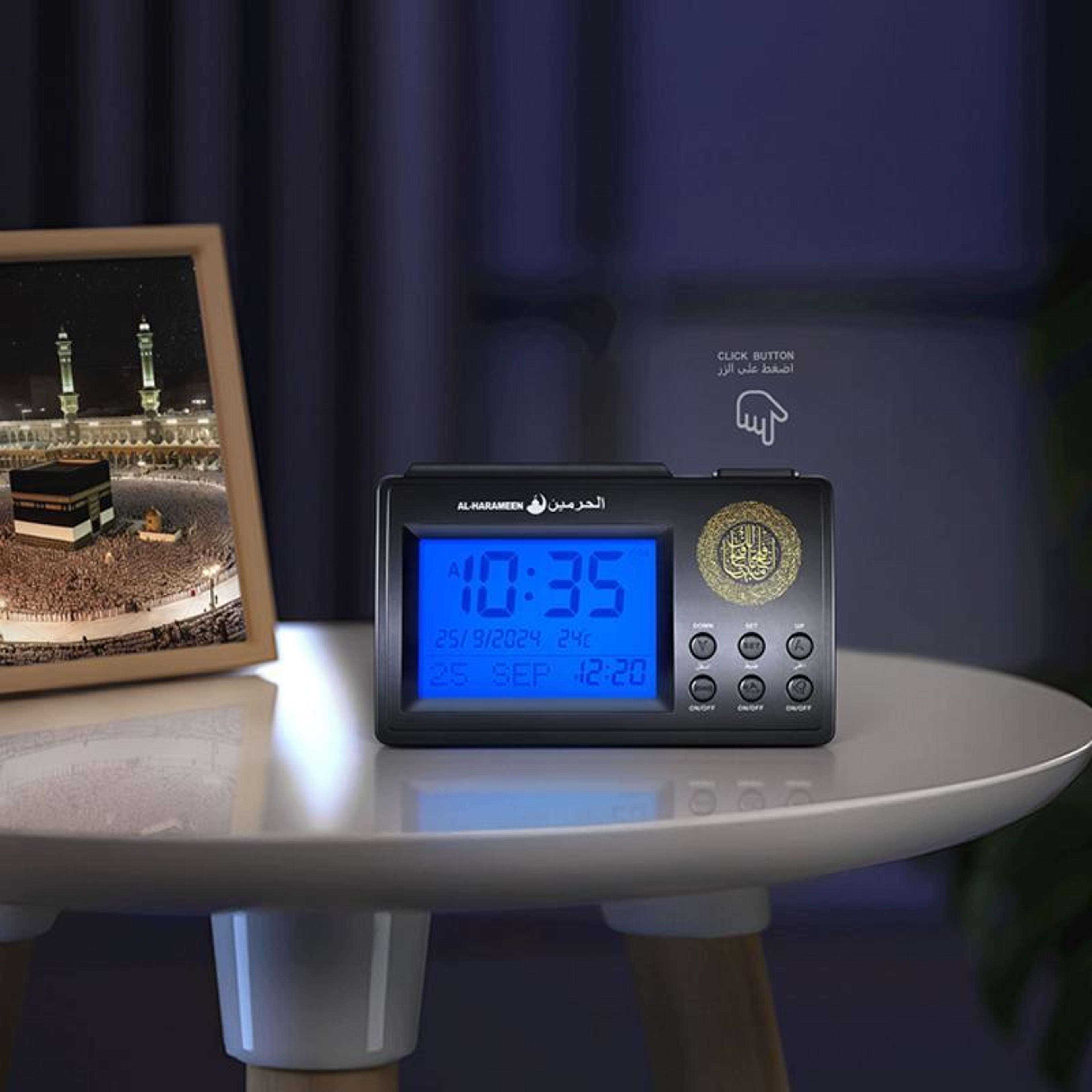 smart azan prayer clock with hijri calendar, temperature display & dual language alarm