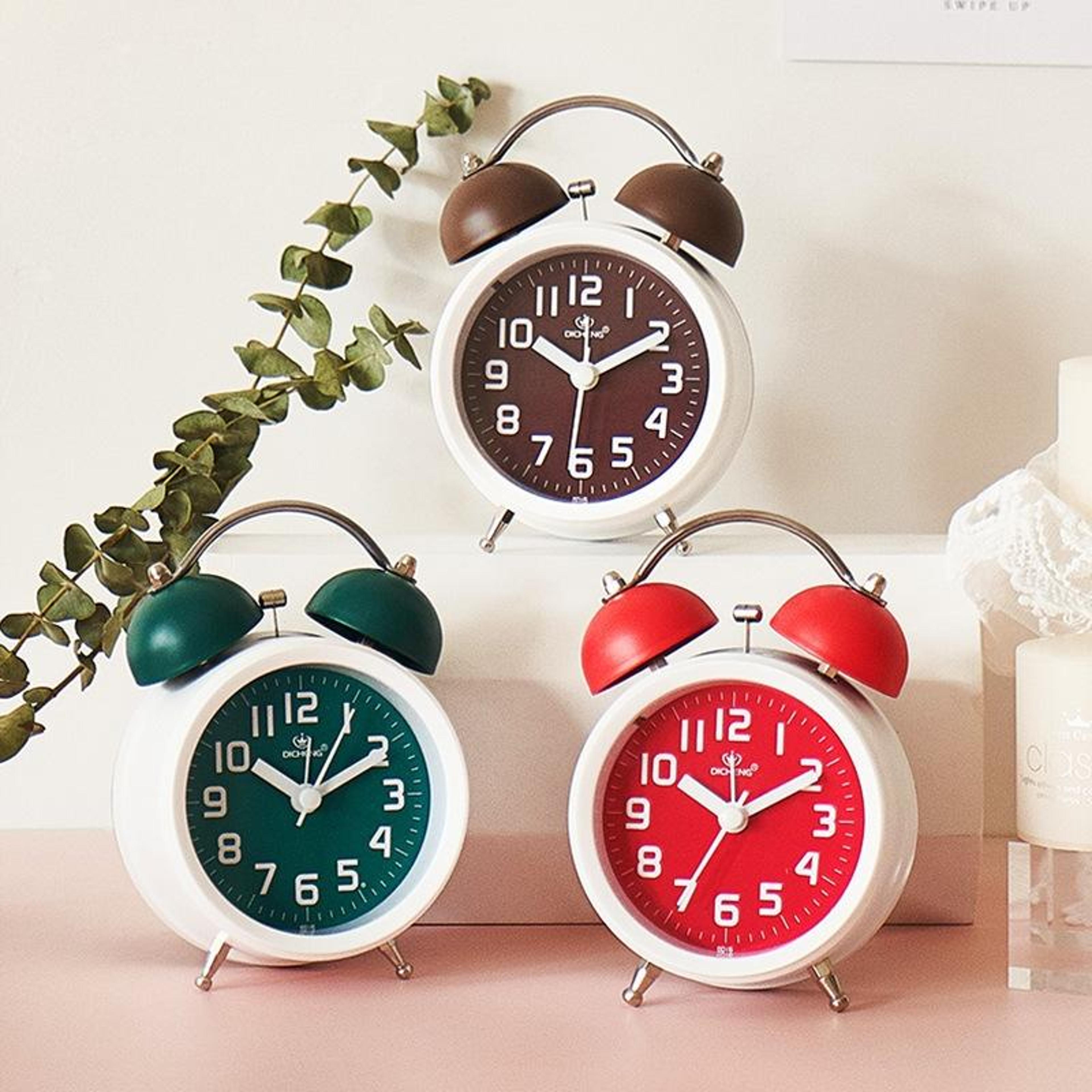 silent twin bell alarm clock with night light for students & bedside use