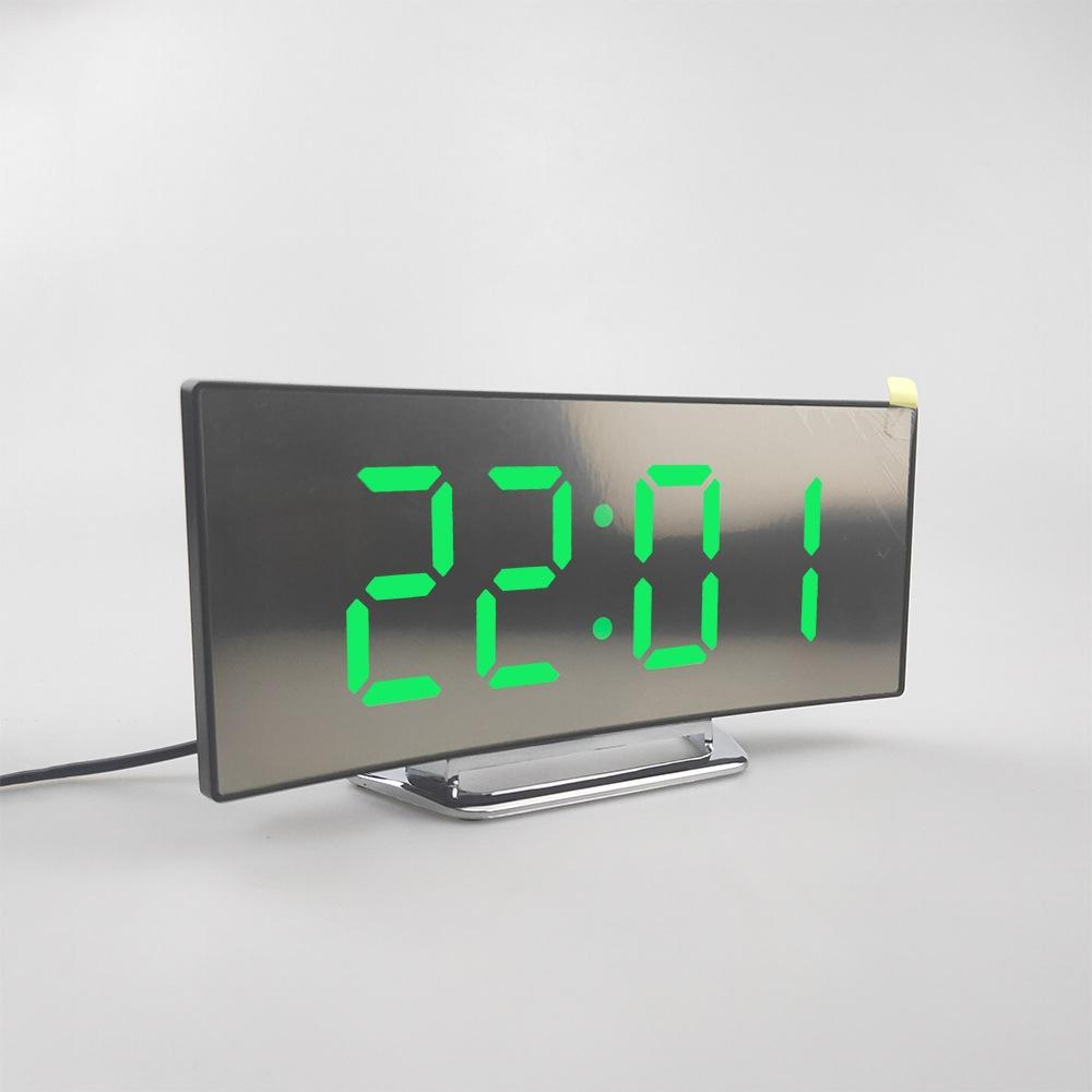 led mirror alarm clock with curved display & silent dual power design