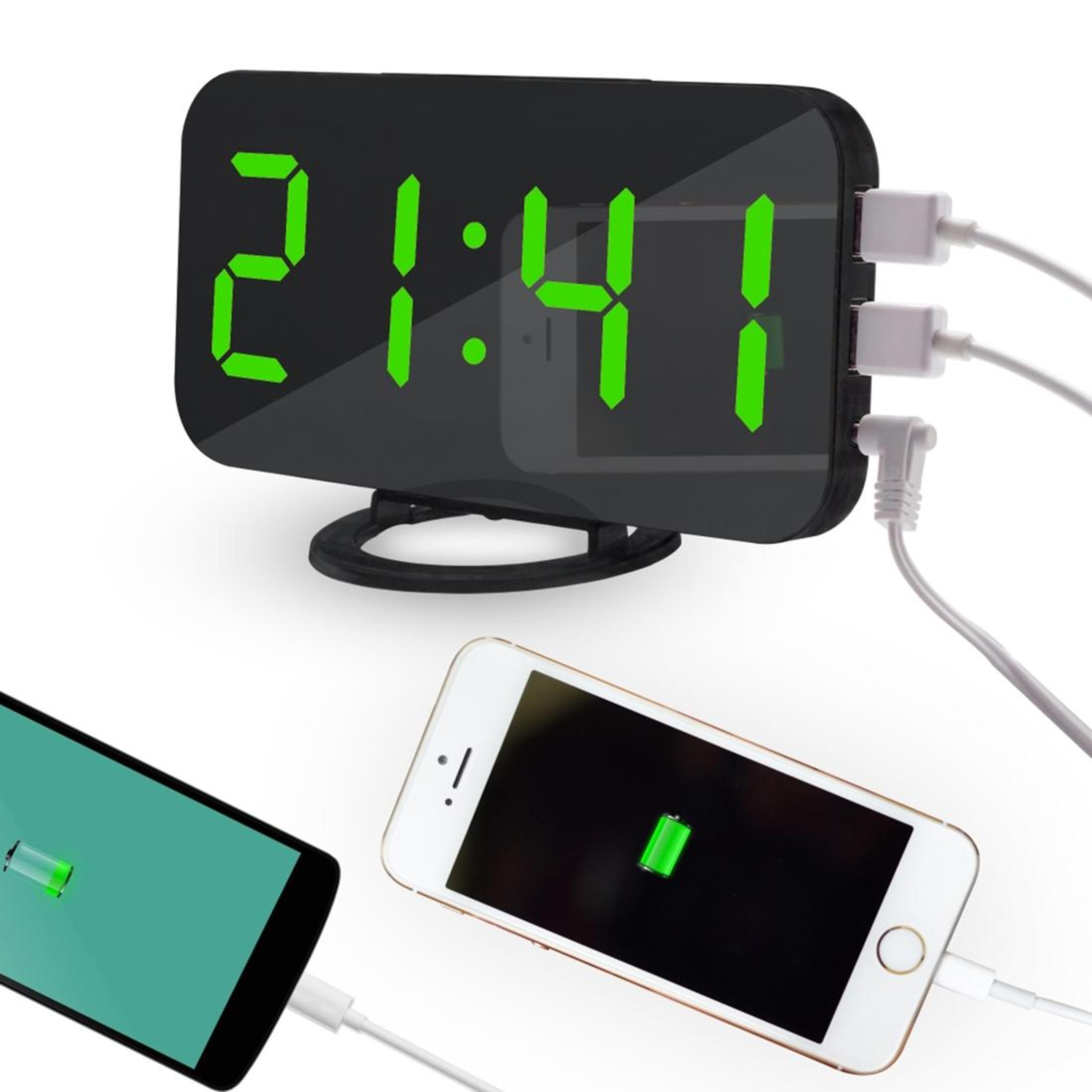 lumicharge led mirror alarm clock with dual usb charging and smart snooze