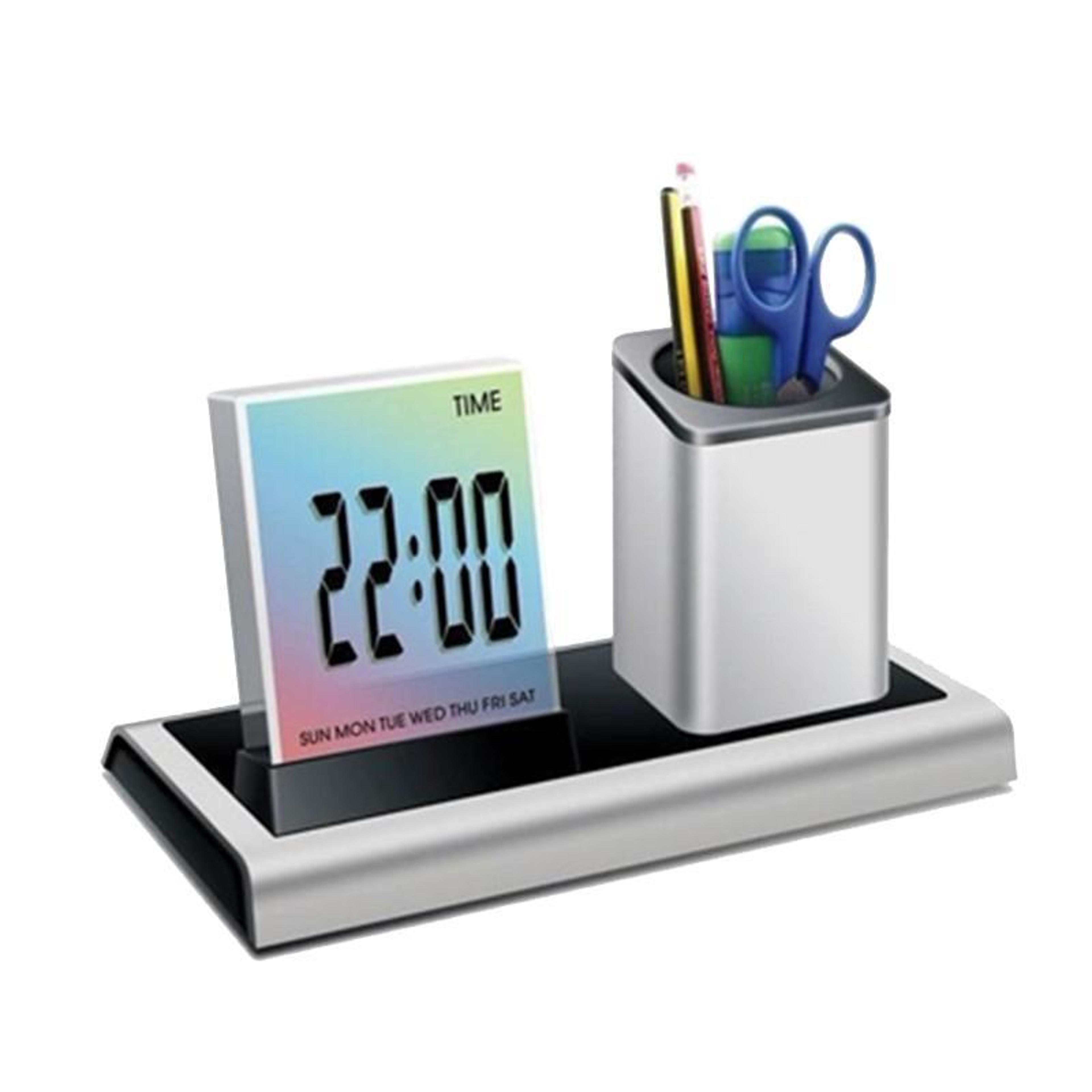 colorglow led desk alarm clock with calendar, temperature display & pen holder