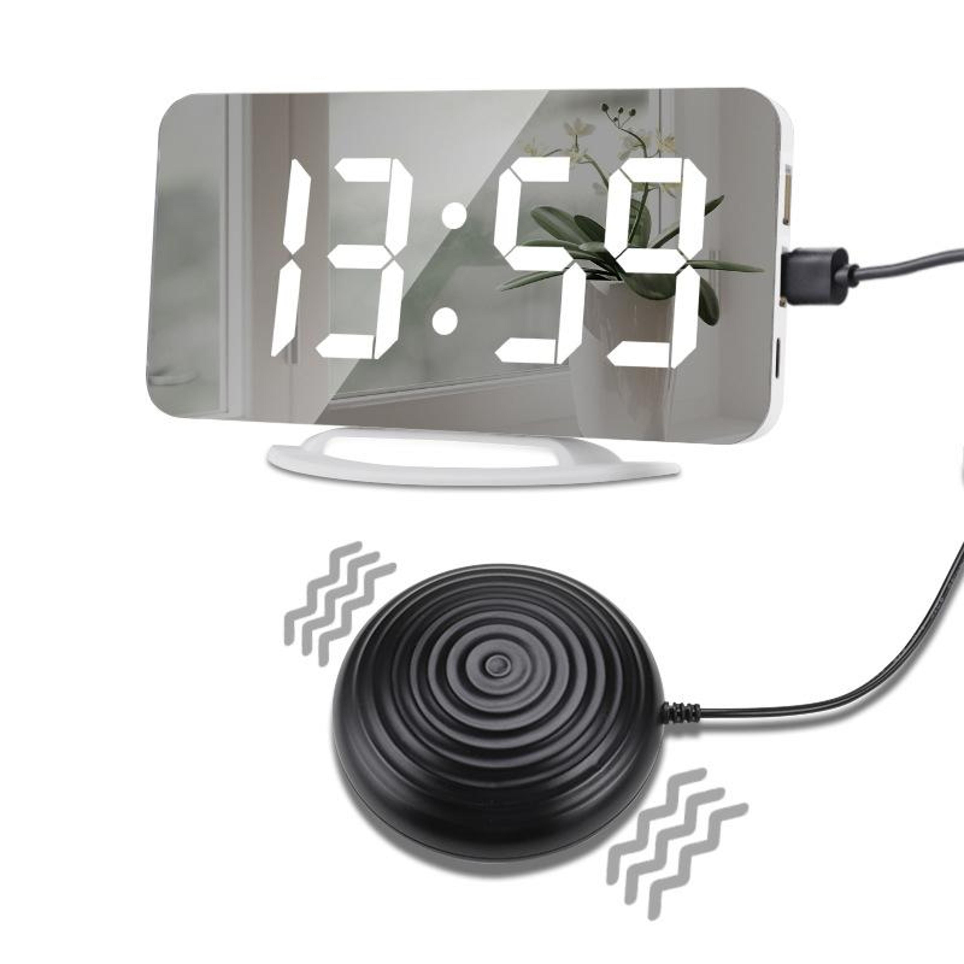 smart led mirror alarm clock with vibration wake up, auto dimming & usb power