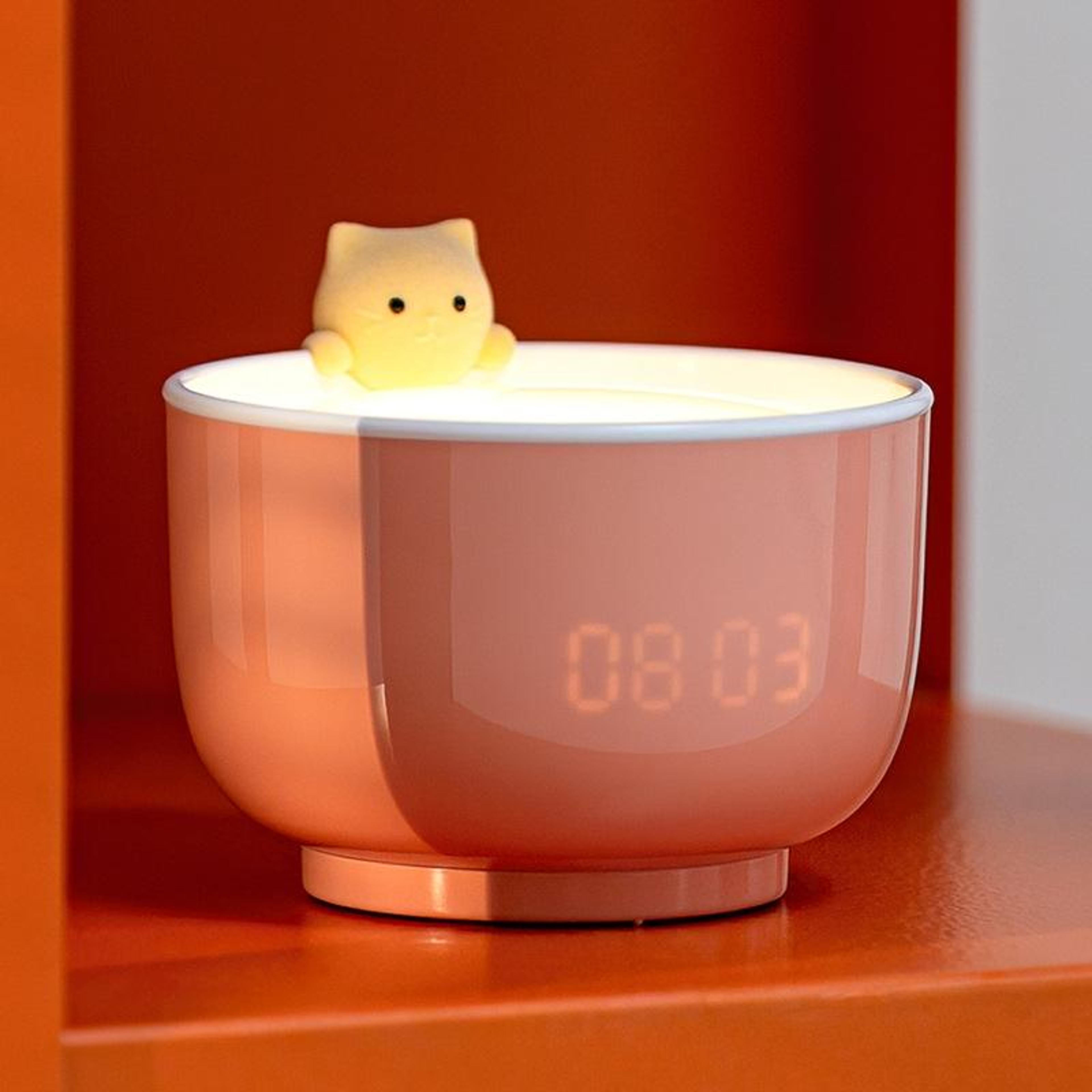cute cat voice activated led alarm clock night light with time display & snooze