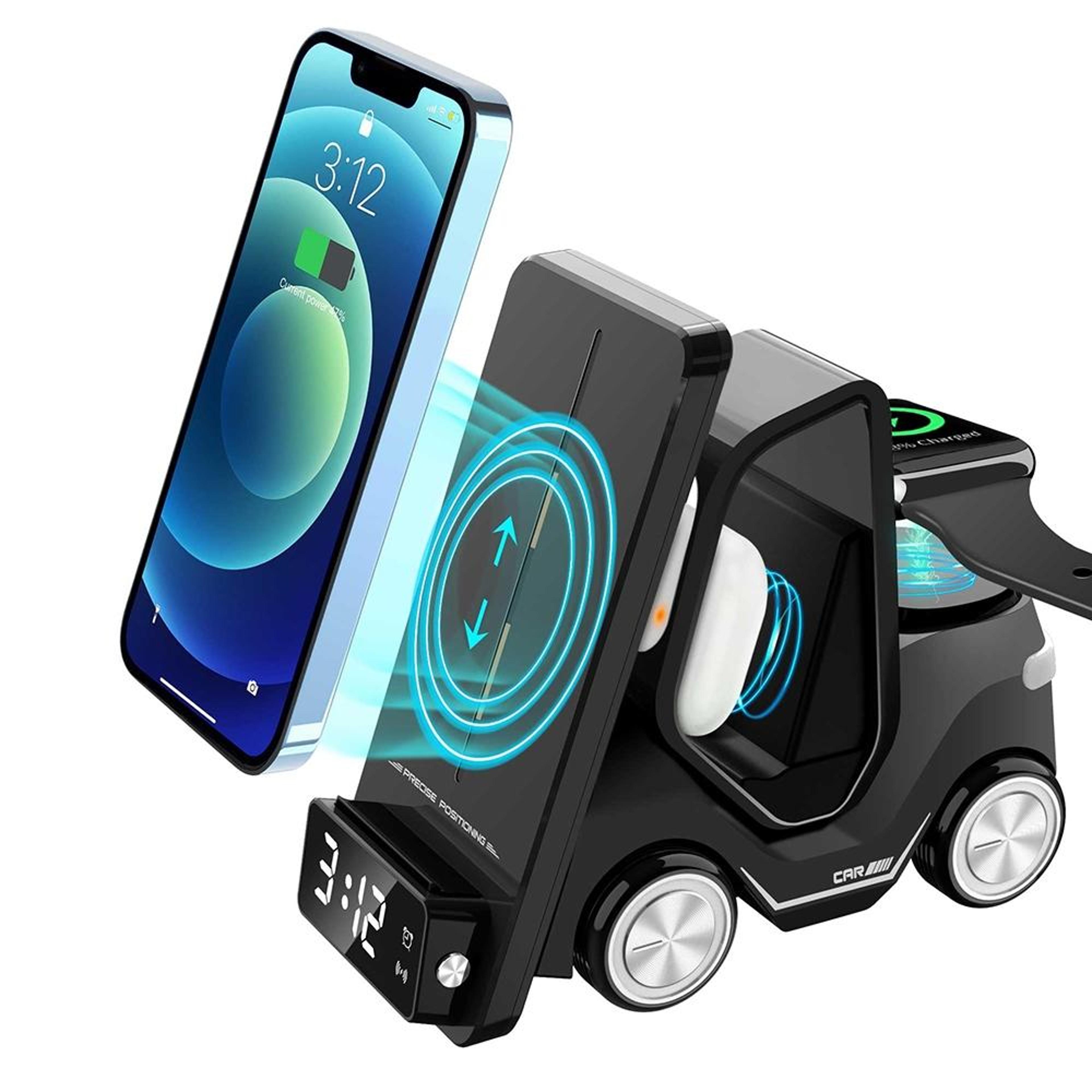 t20 wireless charging alarm clock car shaped desktop wireless charger with led atmosphere light