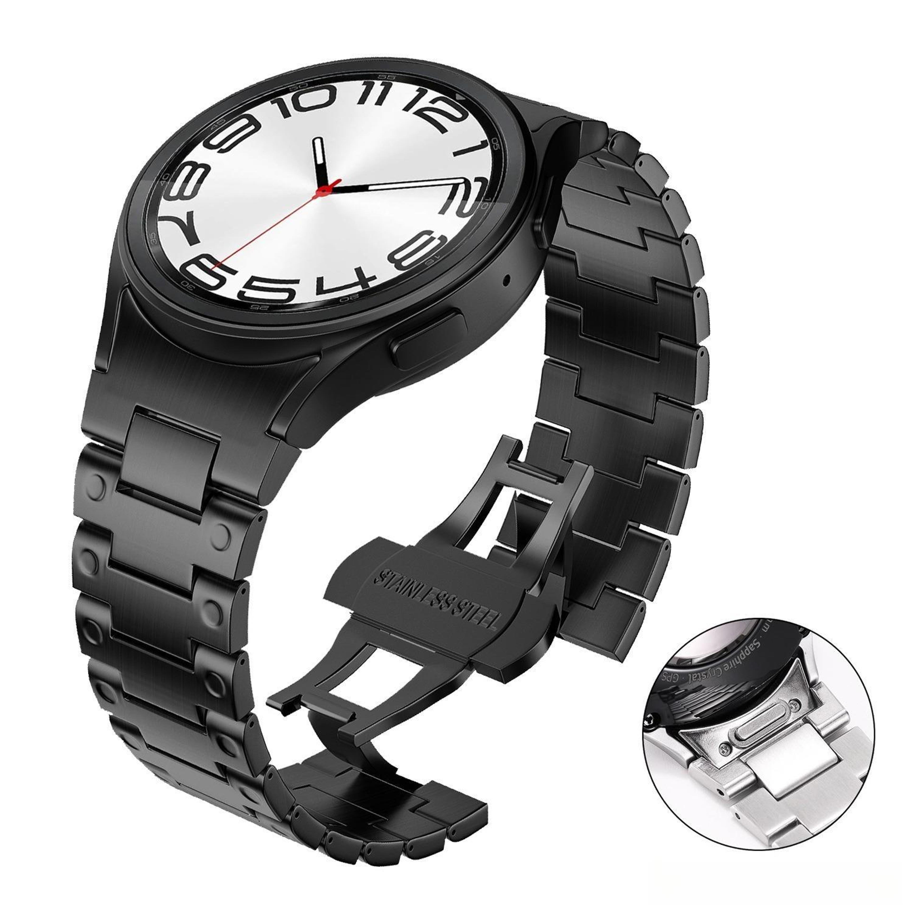 samsung galaxy watch fe 7 6 5 4 metal watch band with butterfly clasp adjustable stainless steel strap