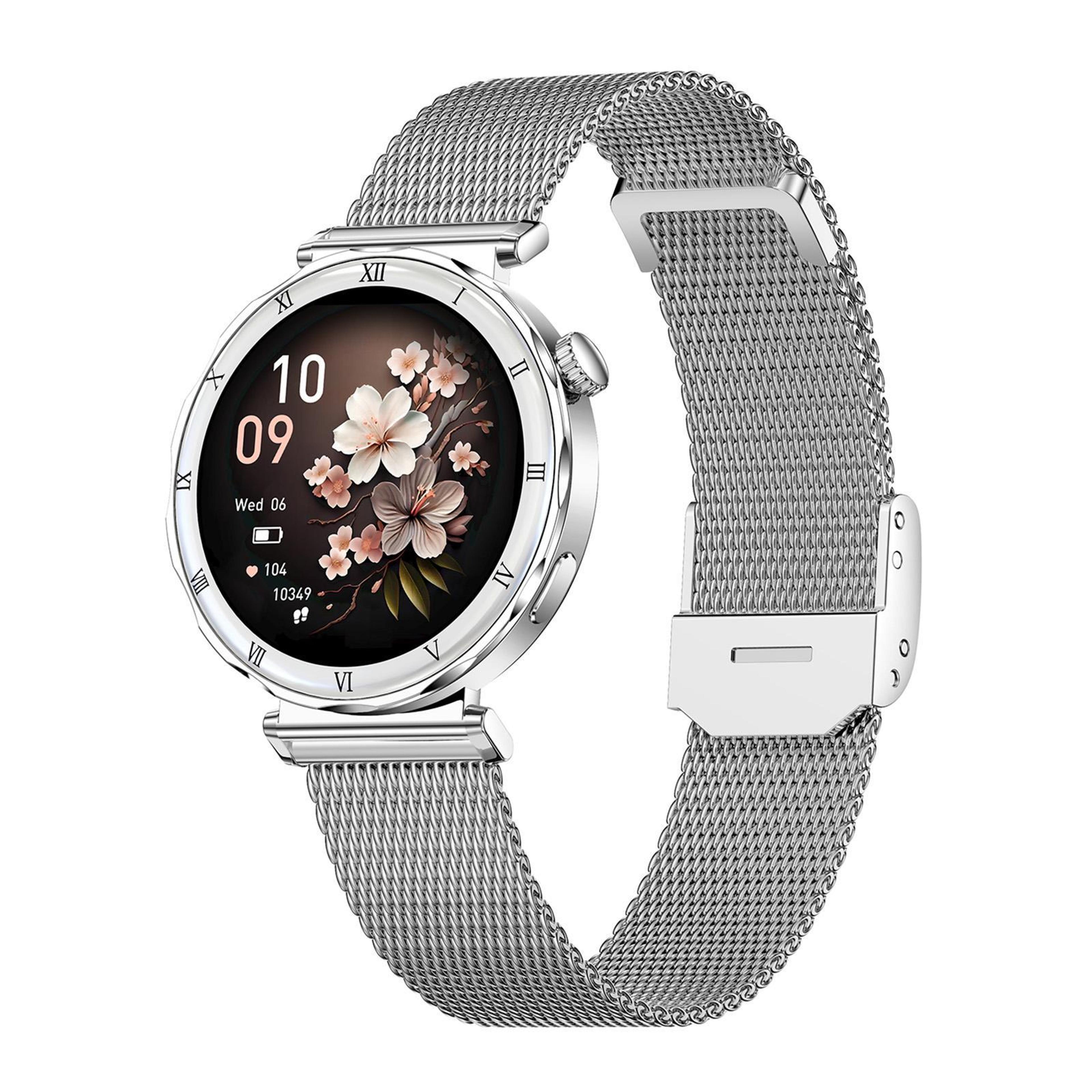 qs22 amoled smart watch for women bluetooth fitness tracker with heart rate monitor silver steel strap