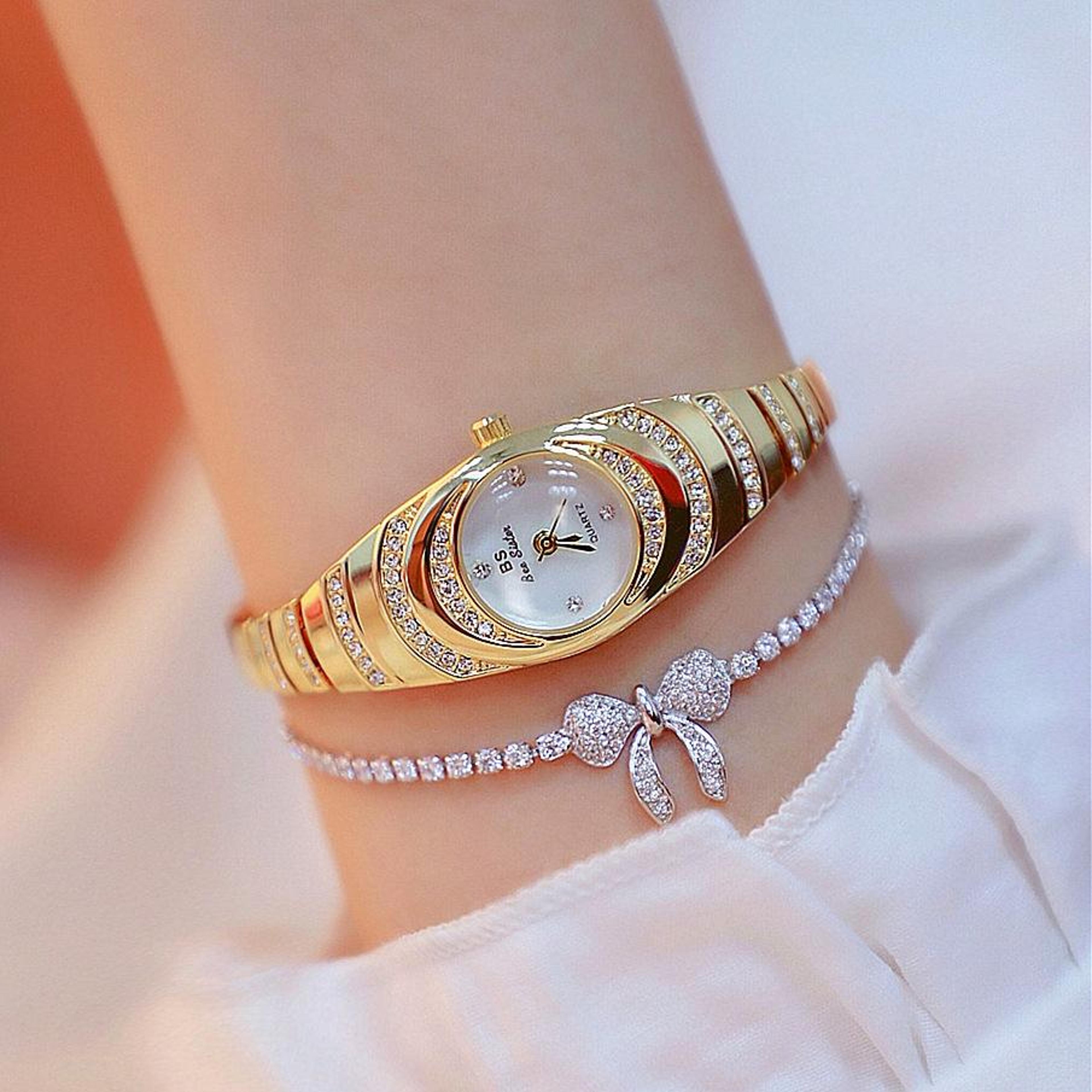 bs bee sister ladies oval watch diamond accent quartz watch elegant jewelry chain bracelet