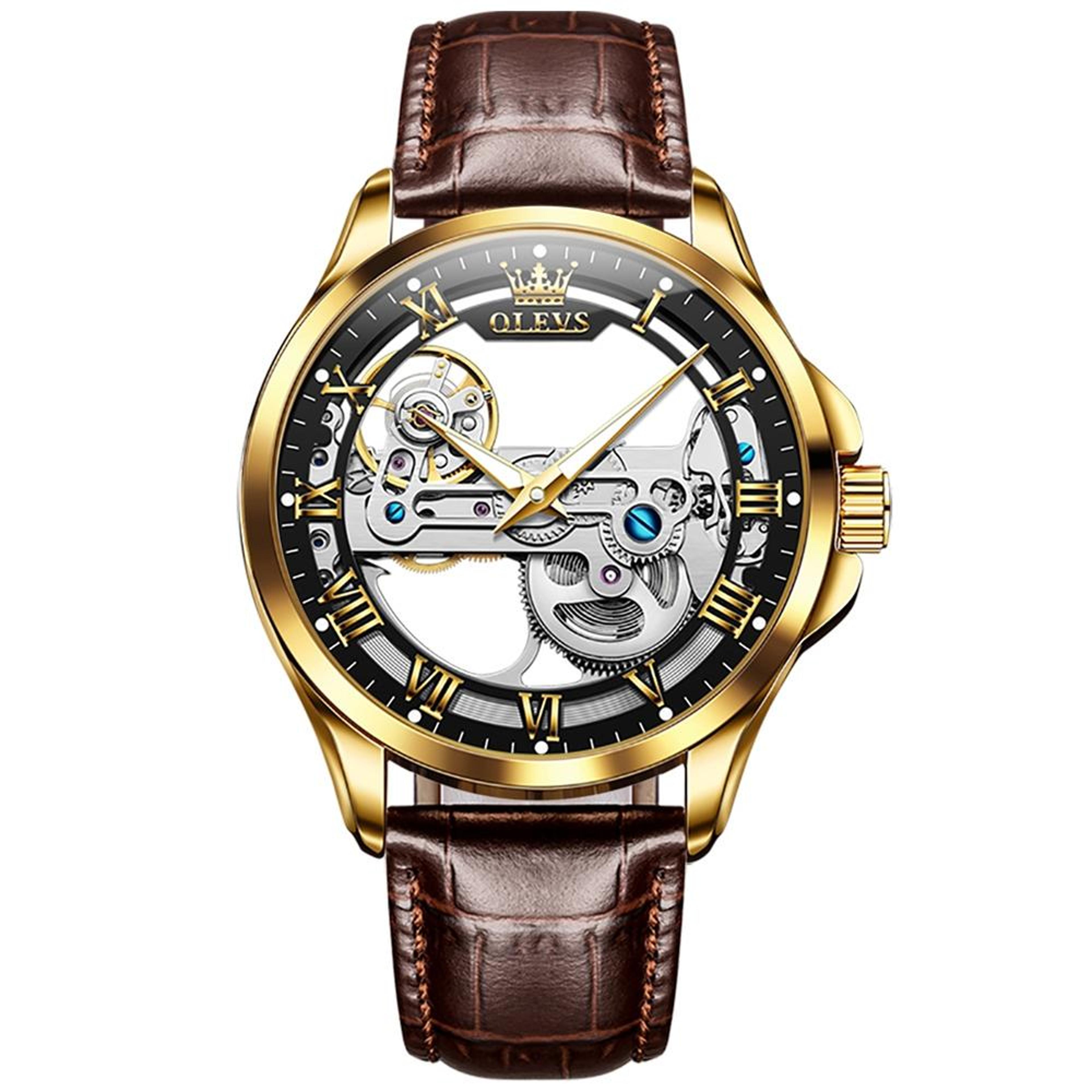 olevs 6661 automatic mechanical watch mens leather dress watch waterproof luminous timepiece