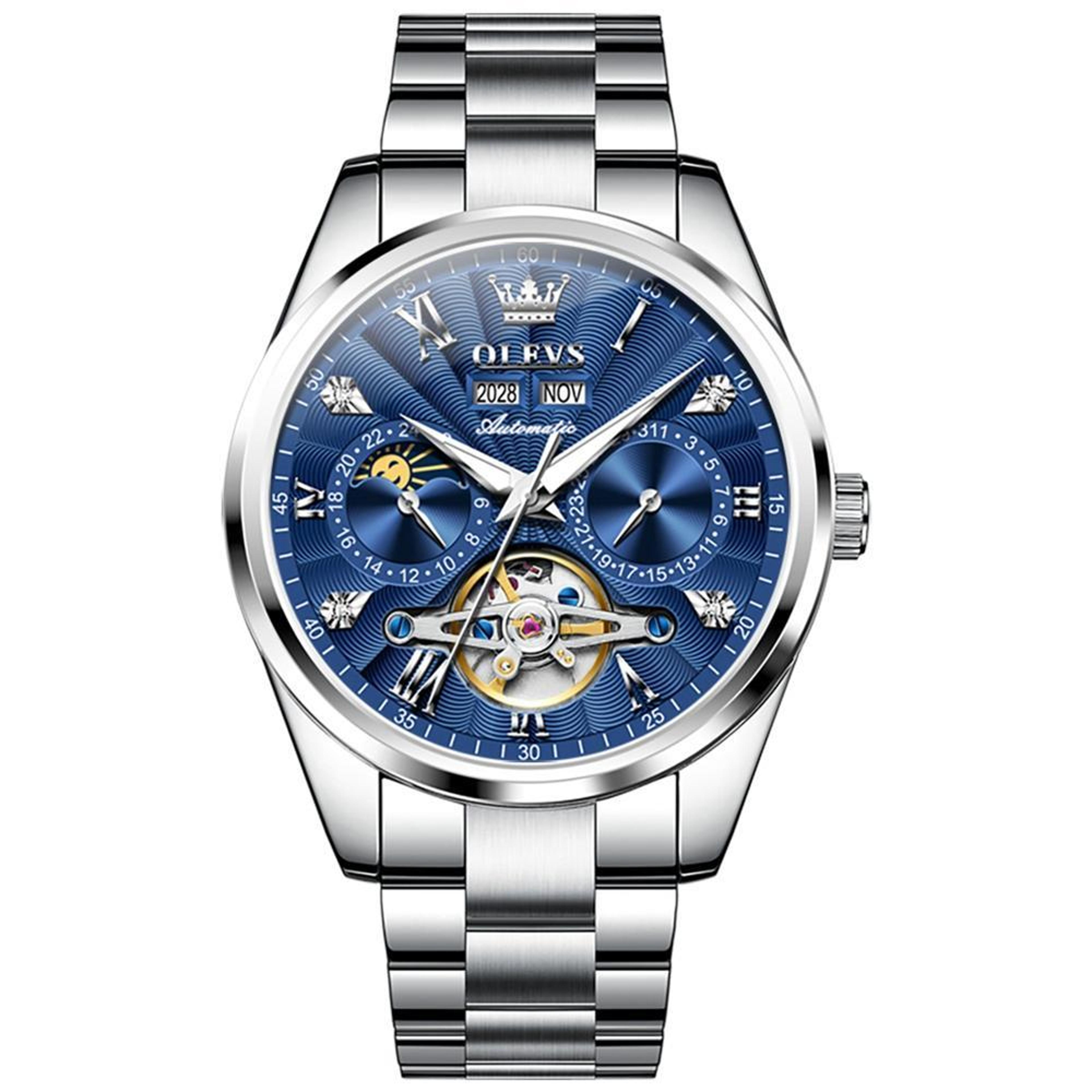 olevs 7028 automatic mechanical watch for men with luminous watch dial and leather strap