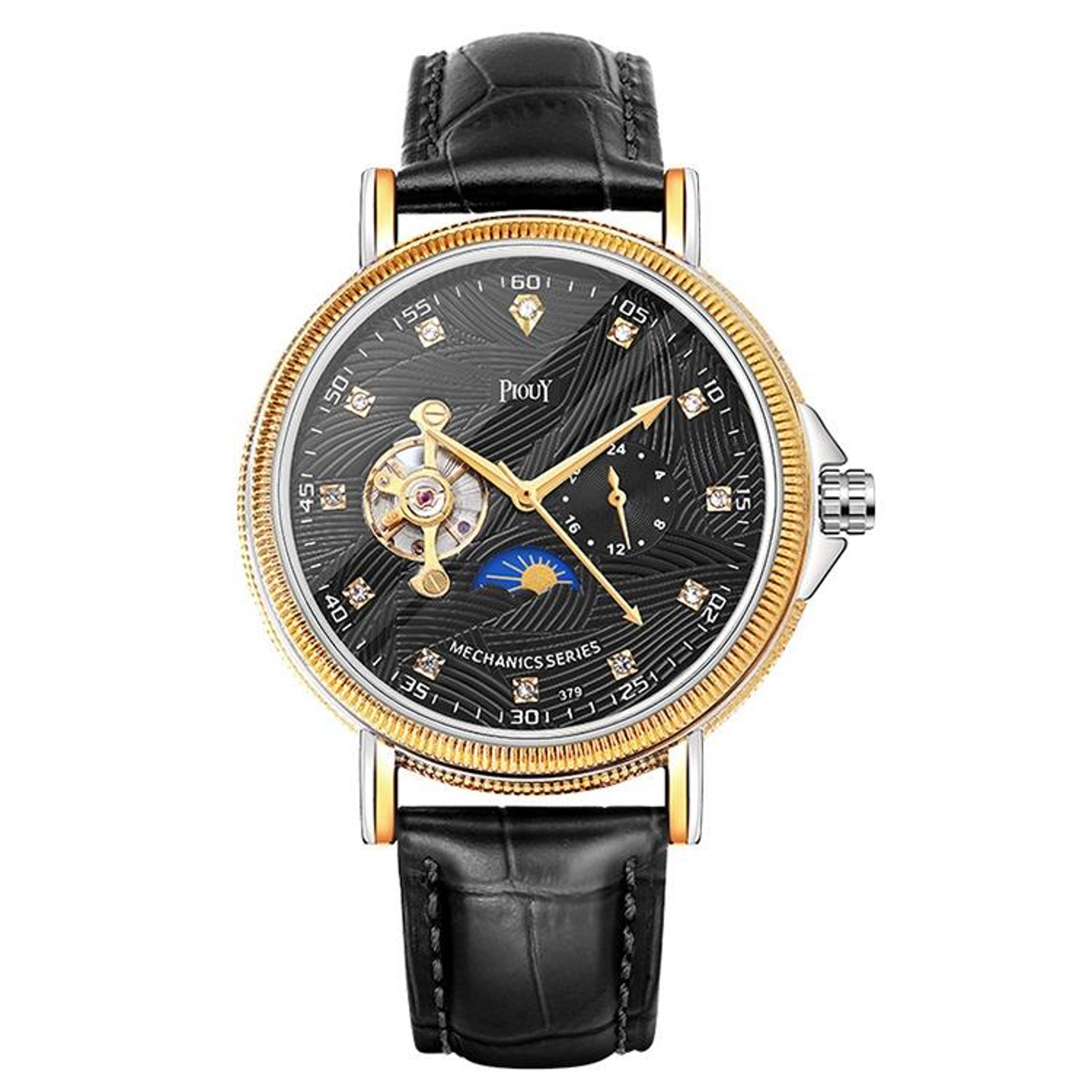 yazole 379 mechanical watch with leather band large dial tourbillon style men's wristwatch