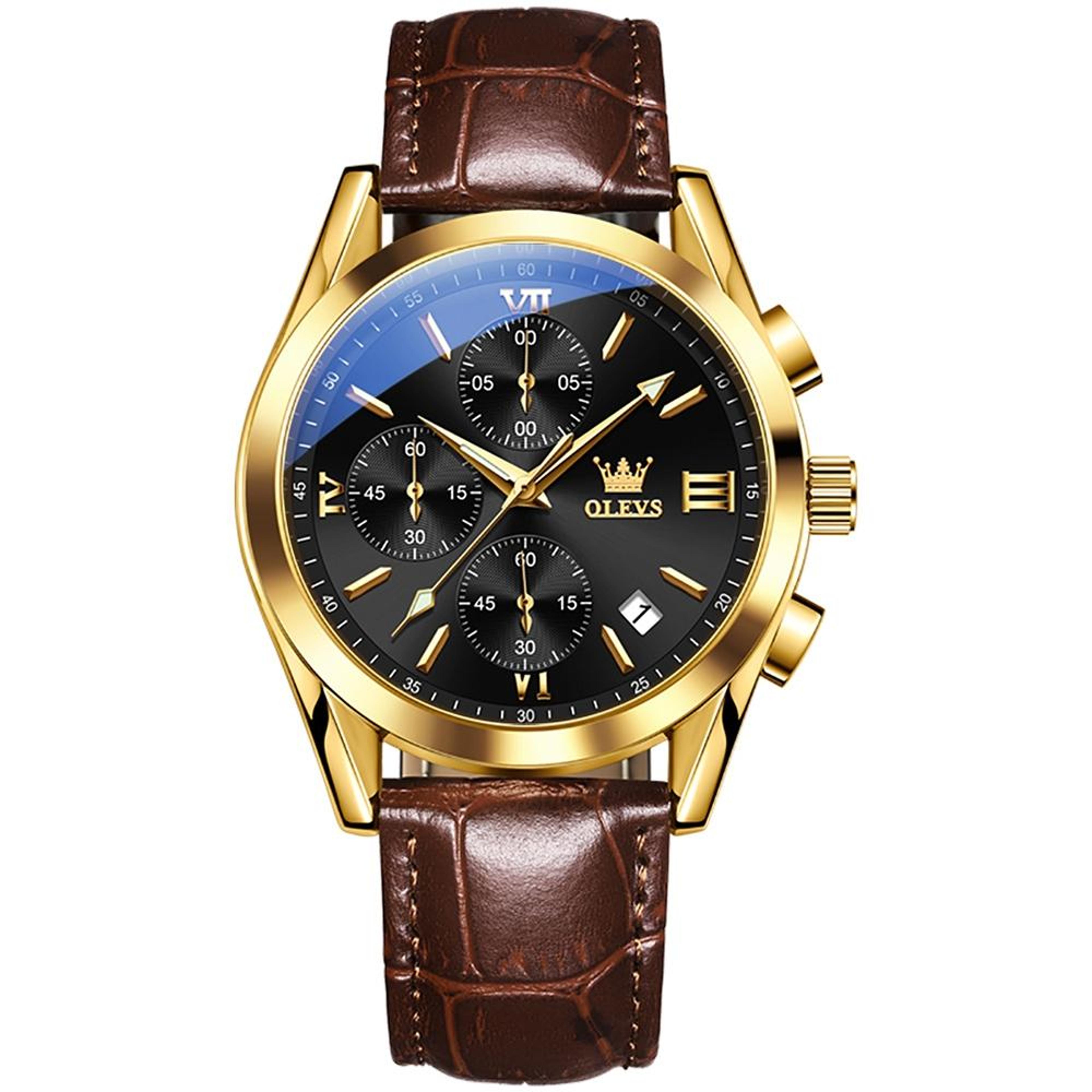 olevs 2872 mens chronograph watch waterproof quartz watch with genuine leather strap