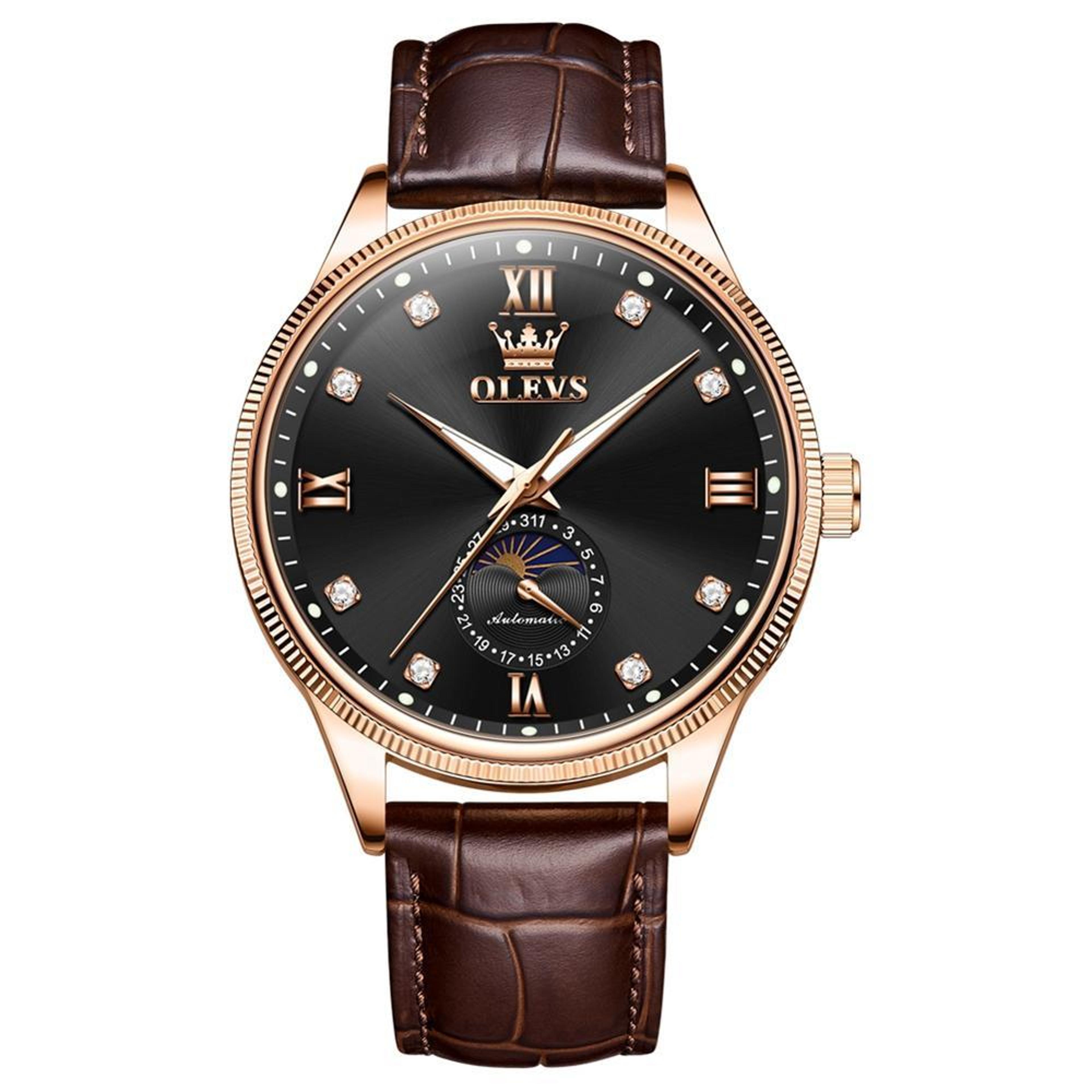 olevs 7039 automatic mechanical watch for men moon phase leather watch luminous waterproof wristwatch