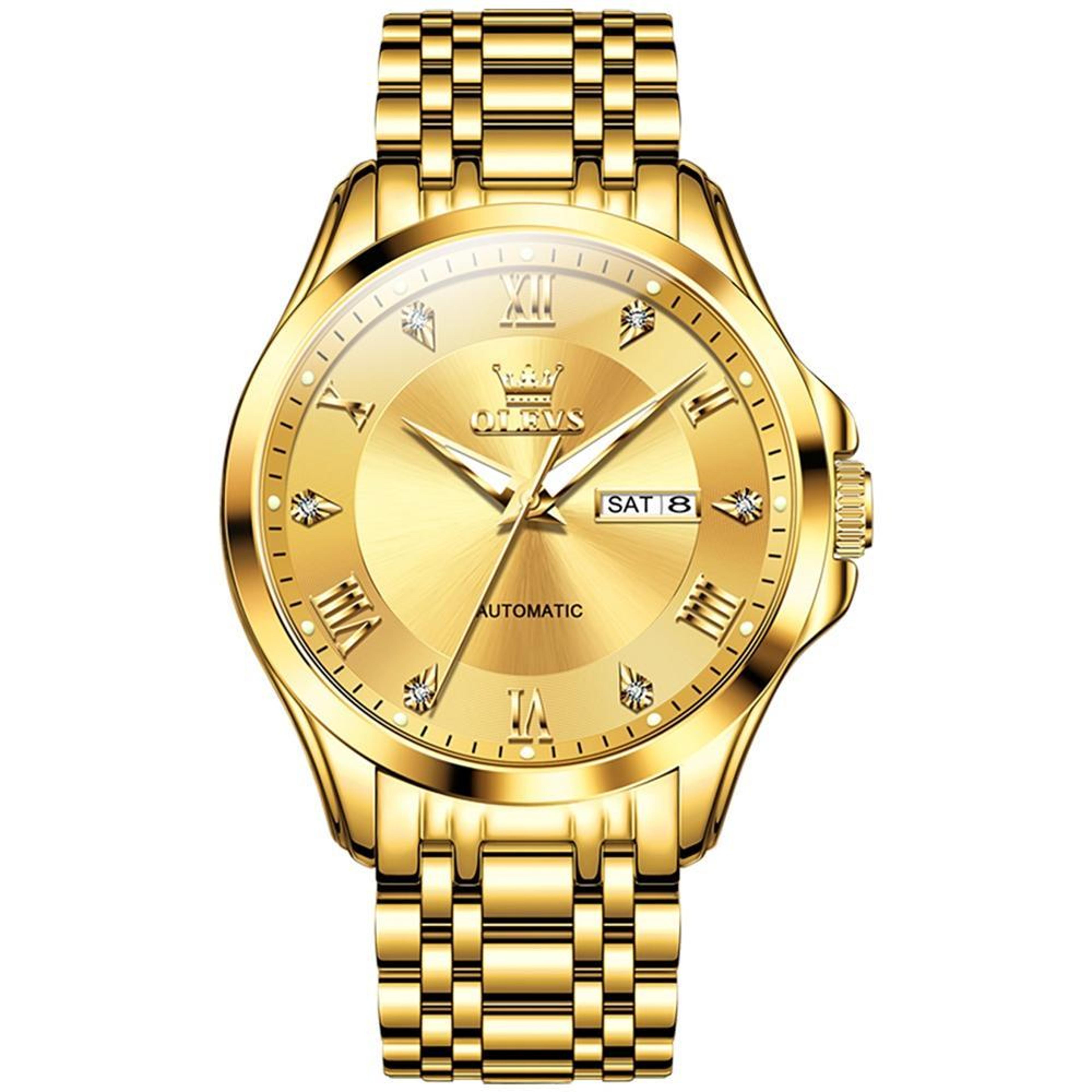olevs 6702 automatic mechanical watch for men waterproof stainless steel watch with dual calendar