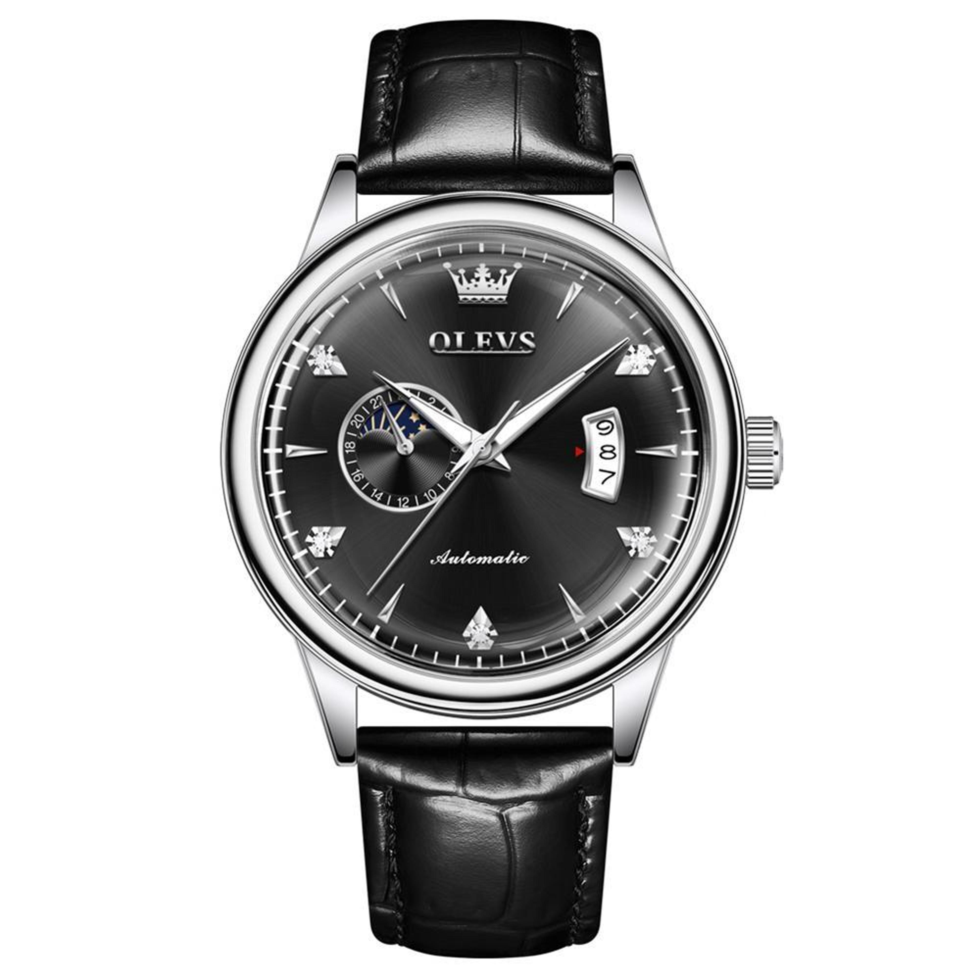 olevs 7040 automatic mechanical watch for men sun moon star leather watch luminous waterproof