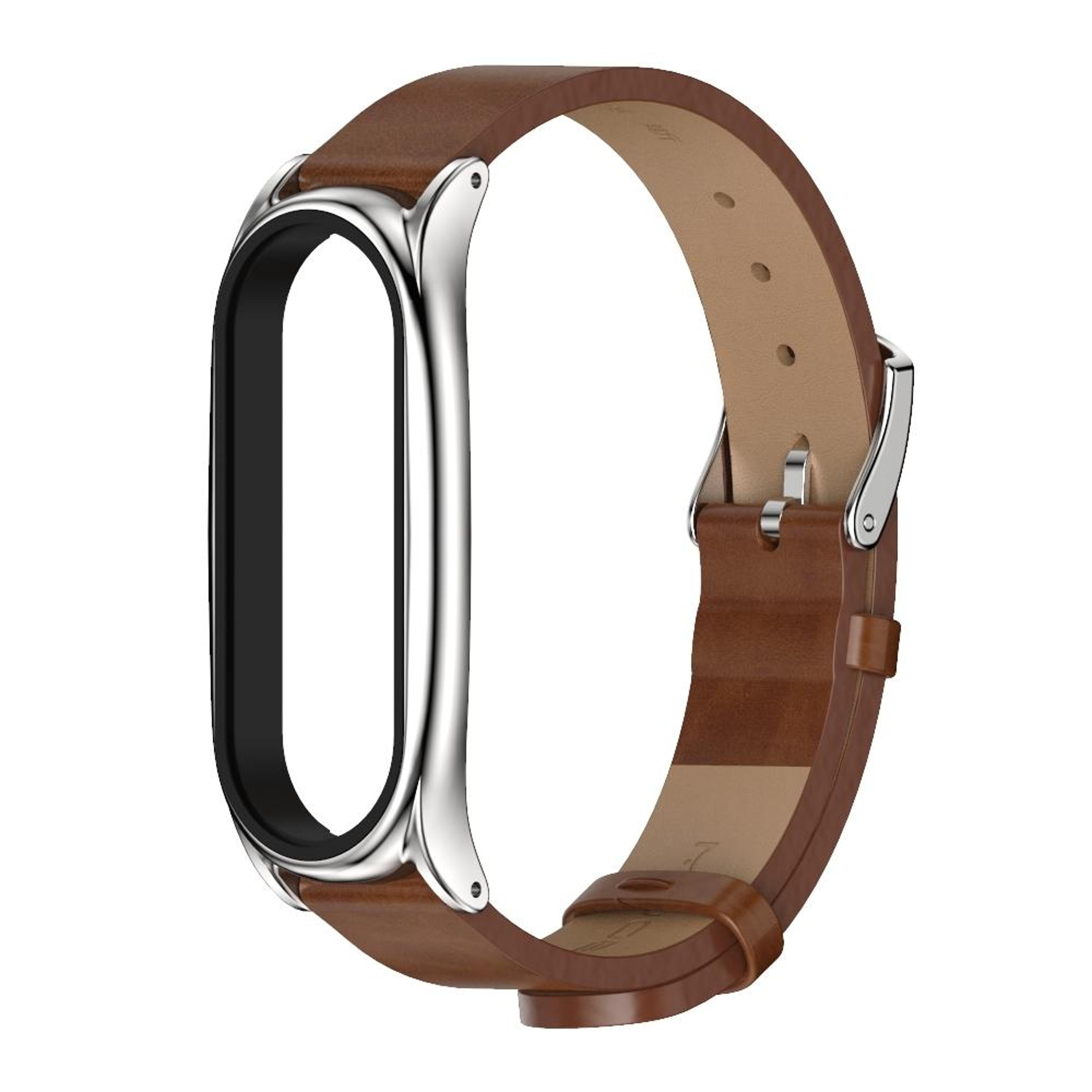 xiaomi mi band 6 5 leather watch band with metal case crazy horse pu microfiber strap