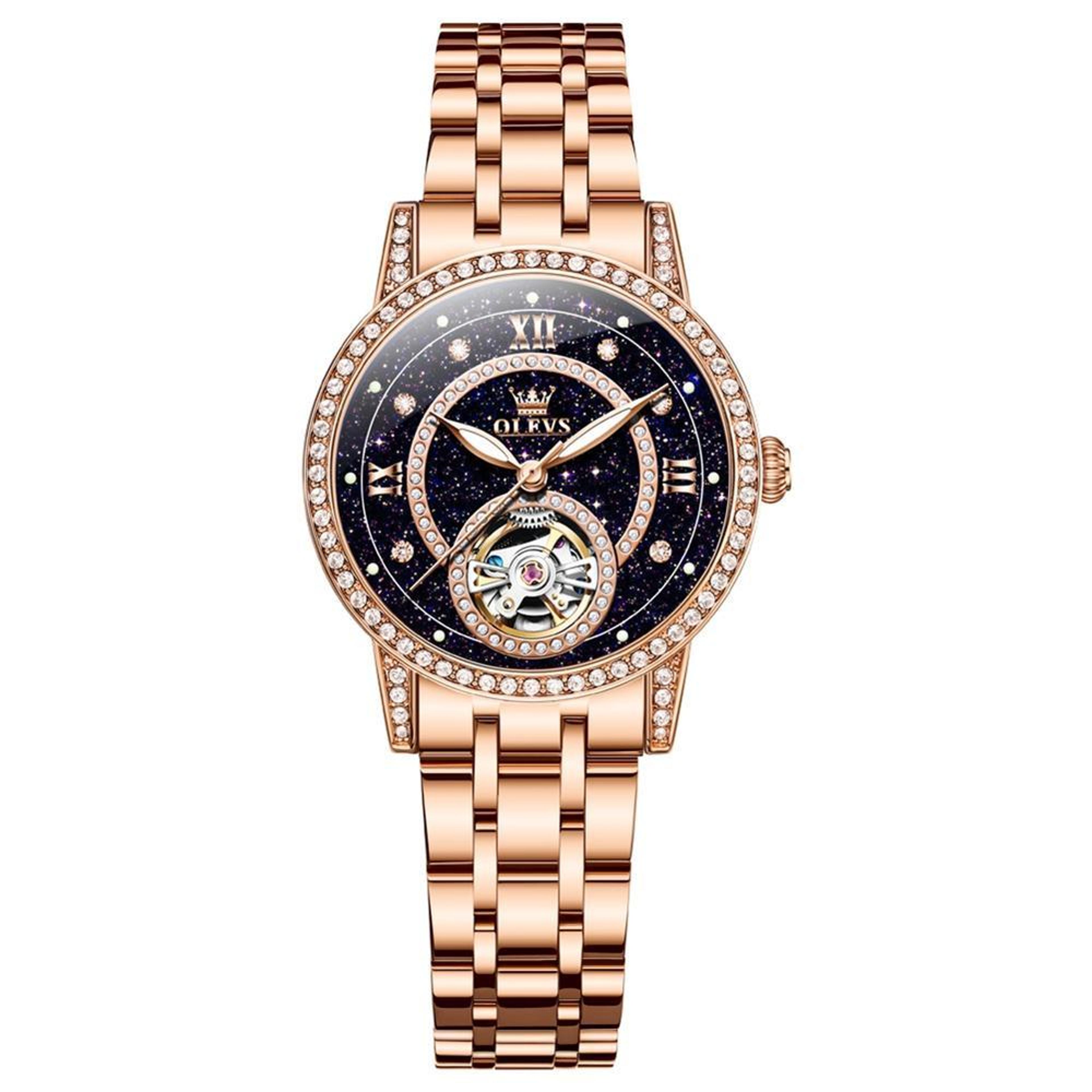 olevs 7036 womens mechanical watch starry sky skeleton dial luminous stainless steel dress watch