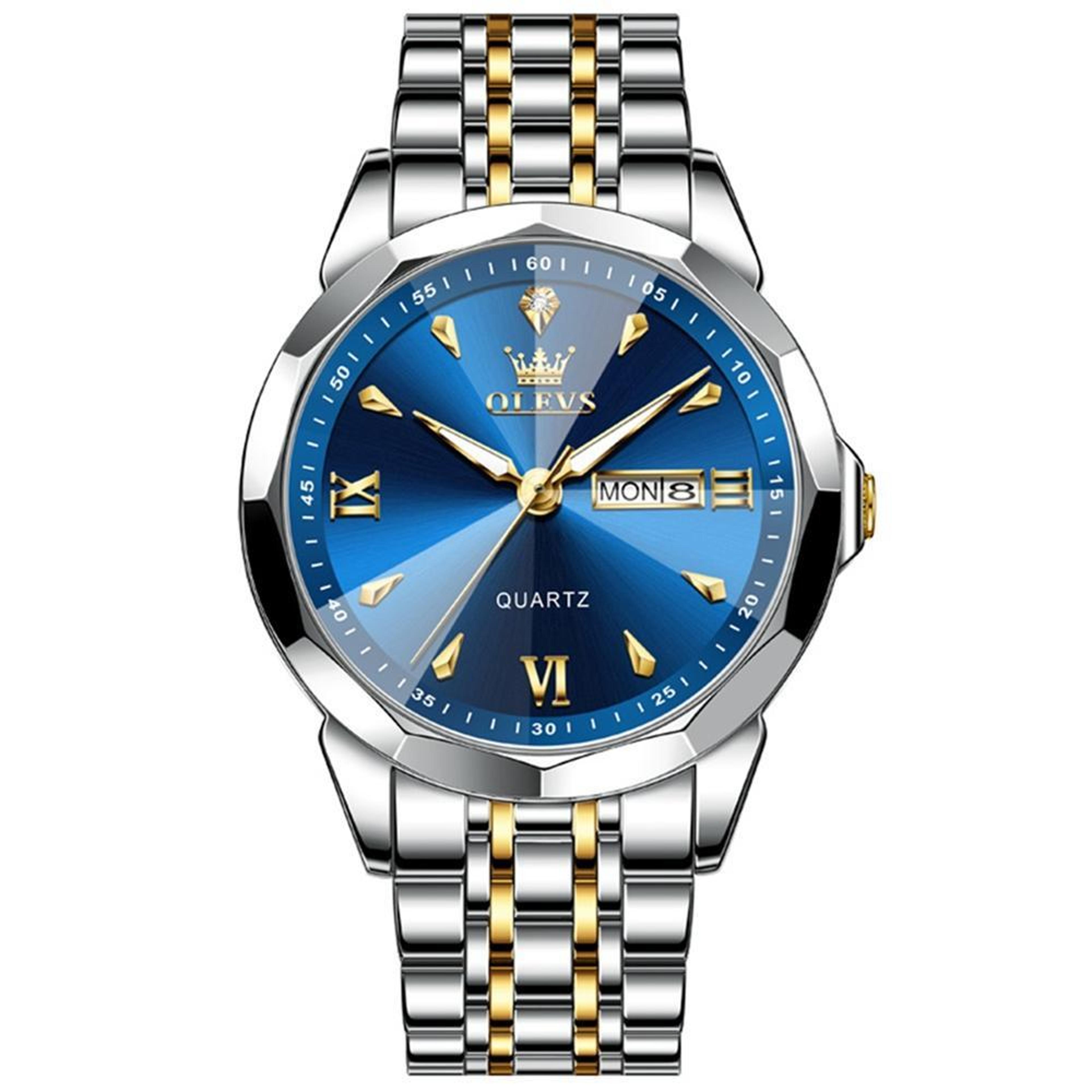 olevs 9998 mens quartz watch diamond dial waterproof watch with dual calendar stainless steel strap