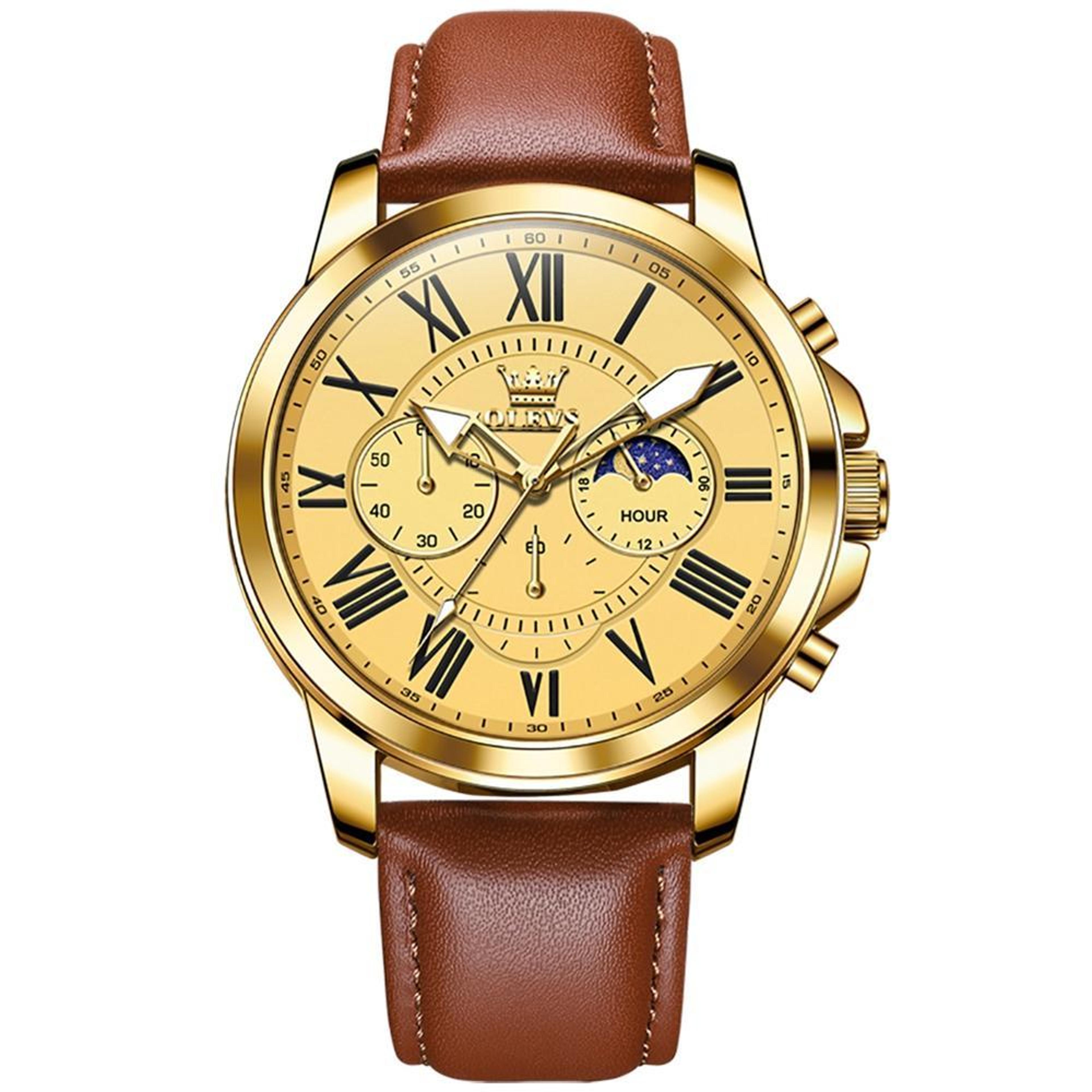 olevs 9998 mens quartz watch diamond dial waterproof leather business watch with dual calendar